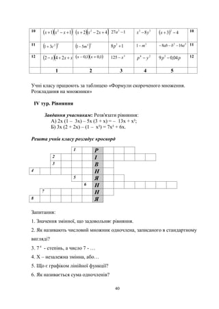 40
Учні класу працюють за таблицею «Формули скороченого множення.
Розкладання на множники»
ІV тур. Рівняння
Завдання учасникам: Розв'язати рівняння:
А) 2х (1 – 3х) – 5х (3 + х) = – 13х + х²;
Б) 3х (2 + 2х) – (1 – х²) = 7х² + 6х.
Решта учнів класу розгадує кросворд
1 Р
2 І
3 В
4 Н
5 Я
6 Н
7 Н
8 Я
Запитання:
1. Значення змінної, що задовольняє рівняння.
2. Як називають числовий множник одночлена, записаного в стандартному
вигляді?
3. 7 4
- степінь, а число 7 - …
4. Х – незалежна змінна, або…
5. Що є графіком лінійної функції?
6. Як називається сума одночленів?
10   11 2
 xxx   422 2
 xxx 127 3
а 33
8yx    43
2
x 10
11  22
31 с  23
51 m 18 3
p
3
1 m 22
168 abab  11
12   2
242 xxx    1,01,0  xx 3
125 x 24
yp  pp 04,09 3
 12
1 2 3 4 5
 