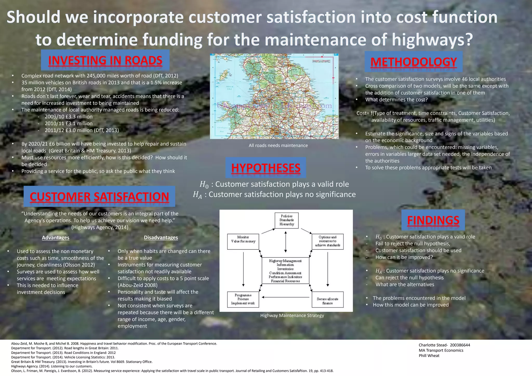 Car Dependency in the City of Leeds:
The Impact of Infrastructure and Culture
Objectives
The purpose of this dissertation is to explore some of the key questions in relation to car
dependency within the City of Leeds:
•  What is the extent of car dependency in the city?
•  What are the main causes for it?
o  In particular what is the extent of the role of two of the main contributing factors
towards car dependency:
Attitudes and Infrastructure
On gaining a measure of these issues, this dissertation will set out what could be done to reduce
it through Policy Changes and/or Capital Investments.
Background
Campaign for Better Transport 2012
Annual survey that ranks each city by its dependency on cars. Cities are scored on:
Of the 26 cities included in the scorecard, Leeds was 20th overall
In relation to amount of car use it was joint 24th
Why is car use bad?
•  Roads are Congested
•  Economic Impacts e.g. disutility of time spent in traffic
•  Accessibility Impacts e.g. people unable to get to where they want to
•  Environmental Impacts e.g. pollution, effect on health, carbon
•  Social e.g. effect of inactivity, leading to obesity issues
Why is it particularly bad for Leeds?
•  Car ownership in Leeds is still growing
o  2001-2011 – 2% increase in number of households that have a car
(ONS, 2001 and 2011 Census)
•  Two-way AM peak traffic volumes increased by 10% between 1990-2012
•  Population still rapidly growing:
o  11.8% larger in 2021 from 2011 with 840,000 people living within the Leeds district area
(ONS, Sub-National Population Projections, 2012) and;
o  74,000 new homes planned to be built between 2012-2028 (LCC, Core Strategy, 2013)
•  A net importer for jobs, with more travelling into the city to work than travel out:
o  Circa 460,000 people employed in Leeds (ONS, Nomis Job Density Data, 2011)
o  50,000 more than flow out of Leeds (ONS, Commuter Annual Population Survey, 2011)
Methodology
1.  Desktop Study
•  Examine the existing infrastructure in Leeds - including GIS analysis
•  Determine if there is any validity in claims that Leeds is a car dependent city due to
infrastructure compared with cities that scored well on the CfBT scorecard
2.  Opinion Survey
•  Scope - Aimed at car users commuting into Leeds, focusing on attitudes to car use,
infrastructure, public transport and active travel provision from an individual perspective
•  Influence – Survey will be informed by existing literature e.g. Linda Steg’s article, Car Use:
Lust and Must (2005) in which surveys were used to examine motives for car use
•  Concepts from the TPB model will also be used to inform the direction of the survey
•  Method - Survey to be carried out using an online survey website, circulated through Metro’s
business contacts who are signed up with the Travel to Work team
•  Sample Size – Circa 200. If this cannot be attained through the on line survey, manual
surveys will be carried out at key locations in city centre e.g. car parks
•  Analysis - Designed to allow for ANOVA to explore the variations in people’s responses in
respect of their attitudes towards different aspects of transport and car use
•  T-tests to be used to demonstrate whether there is any significance in the different
responses from the different groups
•  Analysis will enable results to be tied back to the aims and objectives to provide suggestions
for possible targeted policy changes or investments to reduce car dependency
Key Thoughts – Attitudes
Steg (2005) – Car Use: Lust and Must
•  Car use not just about fulfilling a function i.e. getting people to work. It has a large
symbolic status, with pleasure being derived from its use, even just for commuting
“the car is much more than a means of transport”
•  People use cars because of the experience of driving, because of its status
•  This reinforces people’s choice to drive
•  Policy needs to target these attitudes - offer a real alternative in public transport?
Ajzen (1985) – Theory of Planned Behaviour
•  People’s choice of mode such as car, is dependent on their attitudes, social norms and
perceived behavioural control
•  In order to change people’s behaviour and choice of car as a mode, you need to target these
areas
o  Offer real alternatives to the car, change the social norm so that public transport /
active travel is how you get about in Leeds
o  Improve the image of public transport / active travel and discourage that of the car
Ellaway et al (2003) – In the Driving Seat
•  Explored the psychological benefits associated with private and public transport to help
explain why so many people drive i.e. car has greater psychological benefits than public
transport.
•  Suggests that in order to encourage reduction in private car use policy must take these types
of benefits people derive from car use into account
Key Thoughts – Infrastructure
Leeds’ transport system focuses around its city centre, with a large number of commuting trips
coming in from outside the Outer Ring Road (ORR)
•  29% of commuting trips to Leeds city centre made within the ORR during AM Peak
•  71% from further afield – people commuting in are more likely to use a car
•  45% of total trips made by car
•  30% by rail and 25% by bus (LCC, Transport for Leeds Project 2008/09)
Car
•  Well established road and motorway network built in ‘spoke and wheel’ layout
•  Makes travelling by car easy and allows direct access to city centre from suburban areas and
other districts
•  Large amount of car parking in city centre – circa 22,000 spaces (LCC, Annual Parking
Report, 2011/12)
Rail
•  Network serves limited radial corridors, with few stations within ORR
•  High rail demand, circa 16,800 arriving in Leeds City Station during morning peak in 2013,
compared to 12,400 in 2004 (LCC, Cordon Count Data)
•  Figure has tapered off in recent years, suggesting network is reaching capacity
•  There are plans to expand network capacity – new stations, longer trains and improvements
to the lines to cope with more train services
Bus
•  Well established network – Patronage remains at consistent level year on year
•  Bus mode share for commuting trips higher than car within ORR – 59%
•  Outside ORR it is 18% and 47% for car (LCC, Transport for Leeds Project 2008/09)
•  Long dwell times at stops due to boarding – smartcard ticketing is being phased in
•  Bus punctuality – 88.6% run ‘on time’ (1minute early and 5 minutes late) (Metro,
MetroFacts, 2009/10)
•  This falls short of Traffic Commissioner’s target of 95%
•  Large journey time variability
Rapid Transit
•  City has none – largest city in Europe to have nothing
•  Trolleybus networked planned to provide a real alternative to car.
•  However, only one initial line so limit impact
Cycling/Walking
•  Little infrastructure for cycling, although it is improving e.g. Cycle Superhighway
•  However, city geography makes it difficult to encourage large numbers of cyclists
•  Long distances between suburban areas and city centre
2	
  Way	
  Traﬃc	
  Cordon	
  Flows	
  For	
  All	
  Vehicles	
  in	
  AM	
  Peak	
  	
  
(LCC	
  Monitoring)	
  
1990	
   2004	
   2012	
  
1990-­‐2004	
  
Growth	
  
2004-­‐2012	
  
Growth	
  
1990-­‐2012	
  
Growth	
  
	
  145,474	
  	
   	
  163,098	
  	
   	
  160,484	
  	
   12%	
   -­‐2%	
   10%	
  
Chris Payne
Supervisor: Ann Jopson
Accessibility and planning
Buses and trains quality and uptake
Cycling and walking as alternatives
Driving and car use Larger	
  squares	
  =	
  be9er	
  
rankings	
  in	
  category	
  
Source:	
  Steer	
  Davies	
  Gleave,	
  2009	
  
Source:	
  Leeds	
  City	
  Council	
  
Leeds	
  Transport	
  Geography	
  
Congested	
  Routes	
  in	
  Leeds	
  District	
  
 