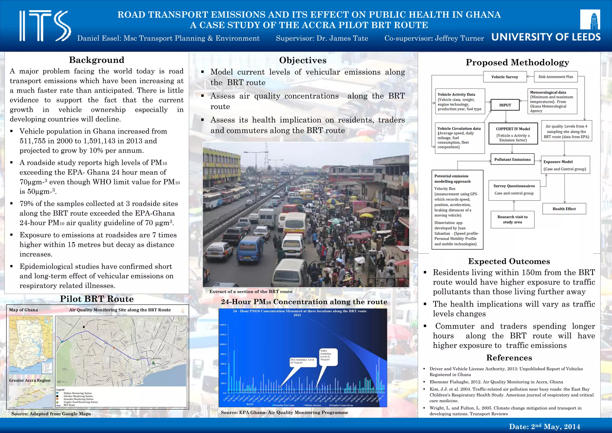 SOURCE: Public Transport Authority of Western Australia
Workplace test group: One40 William
PHOTO CREDIT:
Hassell
One40 William
Results
Oral presentation Written dissertation
Summary report to
participating organisations
Analysis
Data cleansing
Cross-
tabulation
Principal
Components
Analysis
Multiple
Discriminant
Analysis
Data Collection
Questionnaire: Test group - One40 William
Control group - same/similar
organisations, alternate sites
Literature Review
Car dependency
Land use &
urban design
Mode shift Habit disruption
TIPPING THE SCALES
Do active and public transport facilities at the workplace reduce commuter car use?
Researcher: Catherine Wallace (ts13clw@leeds.ac.uk), MSc Sustainability (Transport)
Supervisor: Ann Jopson (A.F.Jopson@its.leeds.ac.uk); Second Reader: Frances Hodgson
Institute for Transport Studies
FACULTY OF ENVIRONMENT
Increased
use of active
and public
transport for
commuting?
Office building
integrated with
train station
Close to bus
stops & central
bus station
Free Transit
Zone
End of trip
facilities
Parking
restrictions and
high fees
Context
Objectives
Methods
Analysis
Research QuestionsIntroduction
CAR DEPENDENCY
§  Private car use is reaching unsustainable levels in many
industrialised countries (Kenworthy & Laube 1996).
§  There is a particular interest in reducing the negative effects of
congested commuter traffic in cities (O’Fallon et al. 2004).
§  Many of the negative effects (to the economy, health and the
environment) seemingly cannot be mitigated by technological
improvements alone (Bamberg 2007). Behavioural change is
required.
§  The psychological motives for car use are not just instrumental
(practical) ones, like travel time and convenience. Car use has
an affective/symbolic function – it represents power and
control; it is a status symbol and extension of self (Steg 2005).
LAND USE & URBAN DESIGN
§  ...have a cumulative effect on travel behaviour (Litman, 2014)
§  Parking management can reduce car trips between 10-30%;
multi-modal site design also thought to contribute (Litman
2014)
§  When examining commuter mode choices, most studies look at
the impact of residential location and access to transport
services and infrastructure from home (Vale 2013)
§  Proximity to public transport and quality of active transport
facilities near home affect mode choice (Naess 2009)
§  People may also self-select their home location to reflect their
preferred mode choice (Cao et al. 2009), but self-selection may
play a lesser role in workplace location and particularly
workplace relocation (Vale 2013)
§  Research gap: how do workplace (destination) facilities/
access influence commuting choices (Vale 2013; Litman 2014)
MODE SHIFT
§  Commuting accounts for 15-20% of trips, but >50% of
congestion (Litman, 2014)
§  To change behaviour, you change the person or the conditions
(Stradling et al. 2000)
§  City centres, where many workplaces are focused, ”are more
amenable to alternative modes” (Litman 2014, p.18)
à Is changing the conditions at a city centre workplace enough to
change commuter behaviour?
HABIT DISRUPTION
§  Commuting is habituated (de Brujin et al. 2009)
§  To break a habit, you need an impetus that makes people re-
evaluate their choices (Handy et al. 2005; Bamberg 2006)
§  Research gap: what disrupts commuter habit? (de Brujin et al.
2009)
Develop and pilot online questionnaire:
§  Travel behaviour before and after office relocation
§  Commuting habits (Self-Reported Habit Index, adapted from de
Brujin et al. 2009)
§  Psychological motives (affective & instrumental factors, adapted
from Steg 2005 and Bergstat et al. 2011)
§  Personal characteristics (age, gender, postcode, household car &
bike ownership, private/company vehicle, income, employment
type, # children, major life changes, etc)
Administer questionnaire:
§  Test group: One40 William (building opened 2011; majority
government tenants, with some private, retail & hospitality)
§  Control group: same or similar organisations at alternative sites
(with less favourable PT & AT access/facilities)
§  Aim for 100+ respondents per group
Analysis will be conducted using SPSS:
§  Data cleansing: check for errors, outliers; run descriptive stats;
t-tests; check sample distribution, transform if necessary
§  Cross-tabulation: test group travel behaviour before and after
relocation (Stradling et al. 2000)
§  Principal Components Analysis: psychological factors (Steg 2005)
§  Multiple Discriminant Analysis: analyse difference between test
and control groups in current travel behaviour, psychological
motives and habits.
The key objective of this study is to understand the impact of active
and public transport infrastructure and services at the workplace on
commuter mode choice. This involves its:
§  impact on commuter behaviour
§  ability to disrupt habit and influence psychological motives
§  implications for future policy
Many cities are seeking to shift commuters away from car use in
favour of public transport and active transport (walking and cycling).
A significant shift offers many advantages, including:
§  Reduced congestion (and associated costs)
§  Reduced emissions and better air quality
§  Improved health outcomes (including a reduction in major
preventable diseases, such as obesity)
Potential Implications
Workplace conditions and employment practices are arguably easier (and more expedient) to influence than residential ones.
If workplace (destination) factors: have a significant effect on mode choice; can disrupt commuter habits; and/or influence psychological
motives for car use, this could inform policies to reduce commuter car use and its negative effects in cities.
Literature Review Data Collection
Will the below workplace (commuter trip destination) factors:
§  Increase the use of active and public transport for commuting?
§  Reduce commuter car use?
§  Disrupt the habit of commuter car use?
§  Affect psychological motives (affective/instrumental) for car use?
Infographics created by the researcher based on cited source information.
 