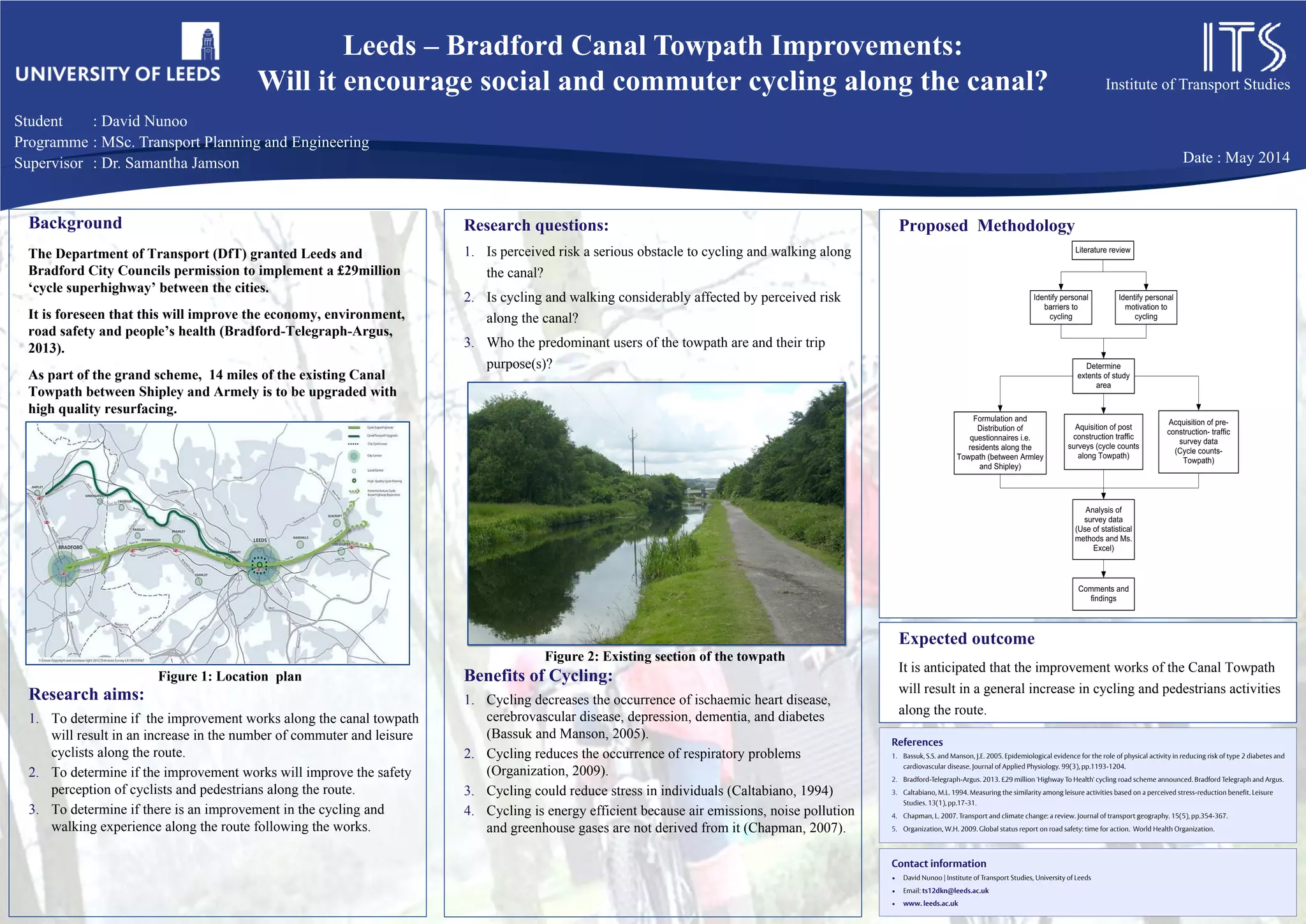ROAD TRANSPORT EMISSIONS AND ITS EFFECT ON PUBLIC HEALTH IN GHANA
A CASE STUDY OF THE ACCRA PILOT BRT ROUTE
Daniel Essel: Msc Transport Planning & Environment Supervisor: Dr. James Tate Co-supervisor: Jeffrey Turner
Background
A major problem facing the world today is road
transport emissions which have been increasing at
a much faster rate than anticipated. There is little
evidence to support the fact that the current
growth in vehicle ownership especially in
developing countries will decline.
 Vehicle population in Ghana increased from
511,755 in 2000 to 1,591,143 in 2013 and
projected to grow by 10% per annum.
 A roadside study reports high levels of PM10
exceeding the EPA- Ghana 24 hour mean of
70µgm-3 even though WHO limit value for PM10
is 50µgm-3.
 79% of the samples collected at 3 roadside sites
along the BRT route exceeded the EPA-Ghana
24-hour PM10 air quality guideline of 70 µgm3.
 Exposure to emissions at roadsides are 7 times
higher within 15 metres but decay as distance
increases.
 Epidemiological studies have confirmed short
and long-term effect of vehicular emissions on
respiratory related illnesses.
Objectives
 Model current levels of vehicular emissions along
the BRT route
 Assess air quality concentrations along the BRT
route
 Assess its health implication on residents, traders
and commuters along the BRT route
Expected Outcomes
 Residents living within 150m from the BRT
route would have higher exposure to traffic
pollutants than those living further away
 The health implications will vary as traffic
levels changes
 Commuter and traders spending longer
hours along the BRT route will have
higher exposure to traffic emissions
References
 Driver and Vehicle License Authority, 2013: Unpublished Report of Vehicles
Registered in Ghana
 Ebenezer Fiahagbe, 2012. Air Quality Monitoring in Accra, Ghana
 Kim, J.J. et al. 2004. Traffic-related air pollution near busy roads: the East Bay
Children's Respiratory Health Study. American journal of respiratory and critical
care medicine.
 Wright, L. and Fulton, L. 2005. Climate change mitigation and transport in
developing nations. Transport Reviews
Proposed Methodology
Pilot BRT Route 24-Hour PM10 Concentration along the route
Date: 2nd May, 2014
Extract of a section of the BRT route
Proposed Methodology
Source: Adapted from Google Maps Source: EPA Ghana- Air Quality Monitoring Programme
 