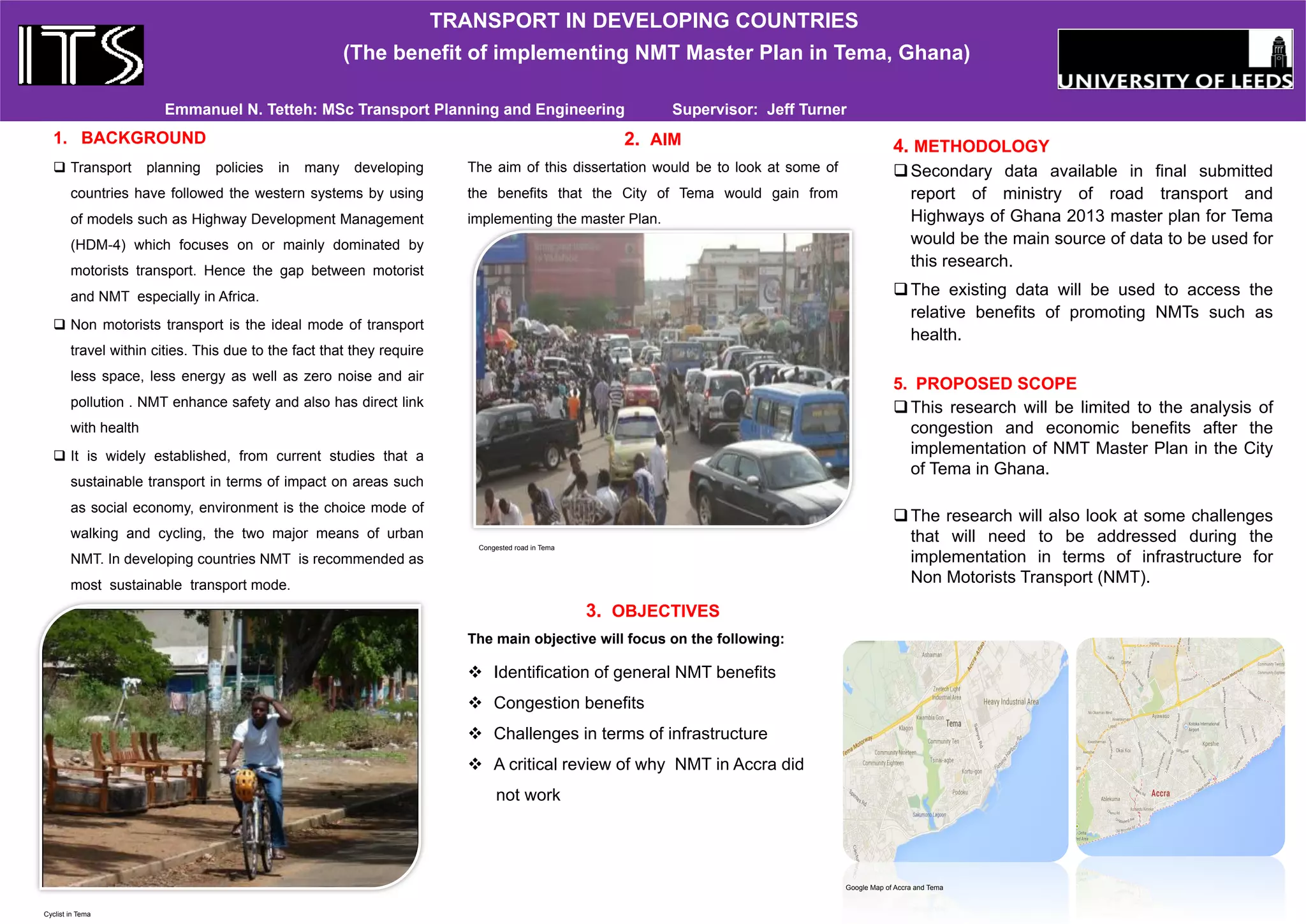 Protest -characterised as
being non violent they involve
a collection of people who
come together to protest a
cultural, social, political or
economic issue (Oliver, et al.
2012).
Riot - Riots are one example
of anti-government
demonstrations which is a
spontaneous outburst of
violence from a large group of
people (Barkan. 2012)
Flashmob - Strangers meet at
a predetermined public
location, perform an unusual
behaviour, and then disperse
(Duran. 2006)
Mediated Crowd - A new
social phenomenon relating
to collective action which
emerges as a result of the
virtual arena of ‘’Web 2.0’’
and new mobile technologies
Web 2.0– Characterised as
being a interactive social
media and user generated
content allowing users to
exchange content
The mobile criminal: Protests, Riots & Flashmobs
Emma O’Malley
Supervisor: Frances Hodgson
Aim
Understand how the communication aspect of social media can influence the
organisation of Protests, Riots and Flashmobs, specifically those which occur on
transport networks or are in response to changes on the network.
Objectives
• How is transport used as the stage andor reason or action?
• Do changes in communication technologies, particularly social media
significantly influence social organisation to initiate new forms of protests (e.g.,
flashmobs, critical mass) on the transport system?
• Following acts on transport networks how do transport systems respond and
recover?
Background
The world is made up of networks whether environmental, social or economic; this project
looks at the links between communication networks and transport networks, specifically at how
communication networks as part of new social media is used to support action which disrupts
or is a result of changes to transportation system.
Transport Networks
• Transportation systems are often the focus of this action as it is intertwined with practically
every aspect of human life meaning that:
• Large numbers are people are affected by changes or disruption to the system whether on a
local or global scale
• Transportation networks are easily accessible
• Action on the system will be very visible
(Blickstein and Hanson. 2001).
Communication Networks
The creation of the mediated crowd is an example of how public communication practices have
changed in the twenty-first century (Baker. 2012). Social Media allows everyone with access to
have a voice and removes physical and spatial barriers allowing communication with a vast
amount of people who may share the same mindset (Baker. 2012; Moler. 2013). This allows for
a new form of social organisation where people can create or connect with social movements
outside existing channels far quicker and easier than ever before (Bartlett. 2013).
Preparedness
It is important to understand how this new form of communication influences the organisation
these forms of protest, especially those which occur spontaneously and have large negative
impacts, as it can assist in preparedness and recovery from such events.
As we move deeper into the ‘internet age’ it is important to understand mobility not just in the
form of movement but also related to the ‘new mobilties perspective’ includes the movement
of information through the use of the internet and media outlets (Sheller and Urry. 2006).
New Mobilties Perspective
Method
Complete an in depth study on literature surrounding three main areas:
• Mobility and communication
• Networks (Transport, Communication) and how these networks influence
each other
• Existing policy to enhance ‘preparedness’ in the face of new forms of
protest
Conduct questionnaires with people who have been involved with protests
and interviews with participants who took a leadership role in organising
protests such as Critical Mass or the London Die- In.
Major Case Study
Critical Mass is an urban sustainability and cycling movement where once a
month a large groups of cyclist ride through a city in rush hour in order to
increase the visibility of cycling (Carlosson. 2002). The event is decentralised
with no one leader, today the internet has allowed participation to increase,
continue and transfer to other cities in a cheap and quick way (Blickstein and
Hanson. 2001). Other Case Studies will include London Die-In, Plane Stupid, and
London 2011 Riots.
Glossary of Terms
Expected Outcomes
Identify to what extend new social media
affects the organisation of social protests
in the UK
Establish what measures can be taken to
reduce negative impacts of such protests
and whether integrating new social media
can help this aim
 