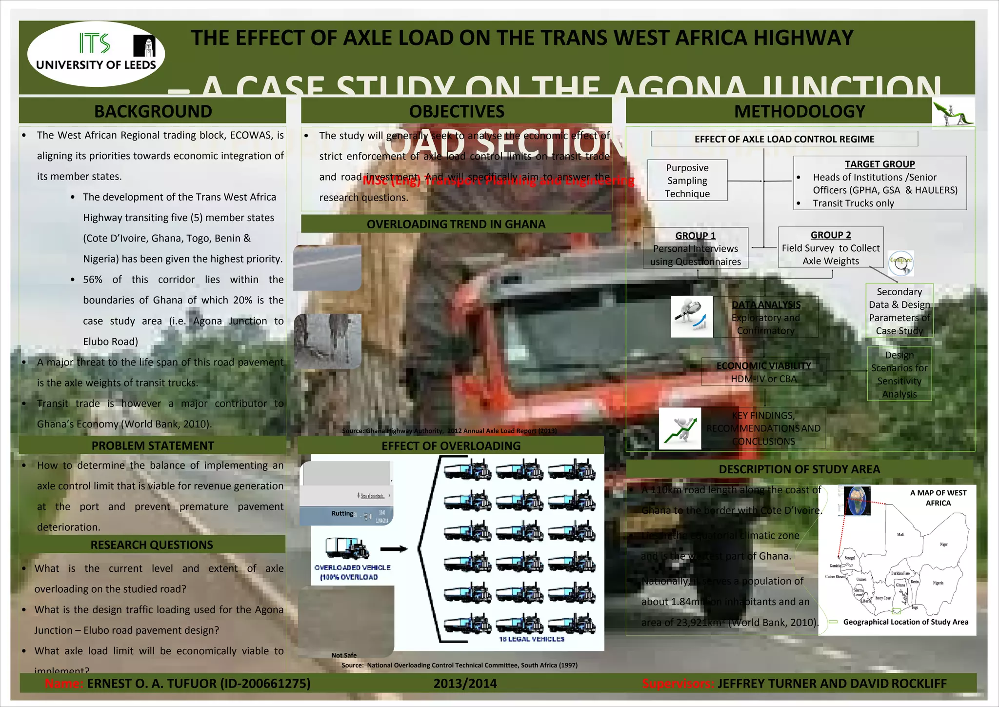 TRANSPORT IN DEVELOPING COUNTRIES
(The benefit of implementing NMT Master Plan in Tema, Ghana)
Emmanuel N. Tetteh: MSc Transport Planning and Engineering Supervisor: Jeff Turner
1. BACKGROUND
 Transport planning policies in many developing
countries have followed the western systems by using
of models such as Highway Development Management
(HDM-4) which focuses on or mainly dominated by
motorists transport. Hence the gap between motorist
and NMT especially in Africa.
 Non motorists transport is the ideal mode of transport
travel within cities. This due to the fact that they require
less space, less energy as well as zero noise and air
pollution . NMT enhance safety and also has direct link
with health
 It is widely established, from current studies that a
sustainable transport in terms of impact on areas such
as social economy, environment is the choice mode of
walking and cycling, the two major means of urban
NMT. In developing countries NMT is recommended as
most sustainable transport mode.
2. AIM
The aim of this dissertation would be to look at some of
the benefits that the City of Tema would gain from
implementing the master Plan.
3. OBJECTIVES
The main objective will focus on the following:
 Identification of general NMT benefits
 Congestion benefits
 Challenges in terms of infrastructure
 A critical review of why NMT in Accra did
not work
4. METHODOLOGY
Secondary data available in final submitted
report of ministry of road transport and
Highways of Ghana 2013 master plan for Tema
would be the main source of data to be used for
this research.
The existing data will be used to access the
relative benefits of promoting NMTs such as
health.
5. PROPOSED SCOPE
This research will be limited to the analysis of
congestion and economic benefits after the
implementation of NMT Master Plan in the City
of Tema in Ghana.
The research will also look at some challenges
that will need to be addressed during the
implementation in terms of infrastructure for
Non Motorists Transport (NMT).
Cyclist in Tema
Congested road in Tema
Google Map of Accra and Tema
 