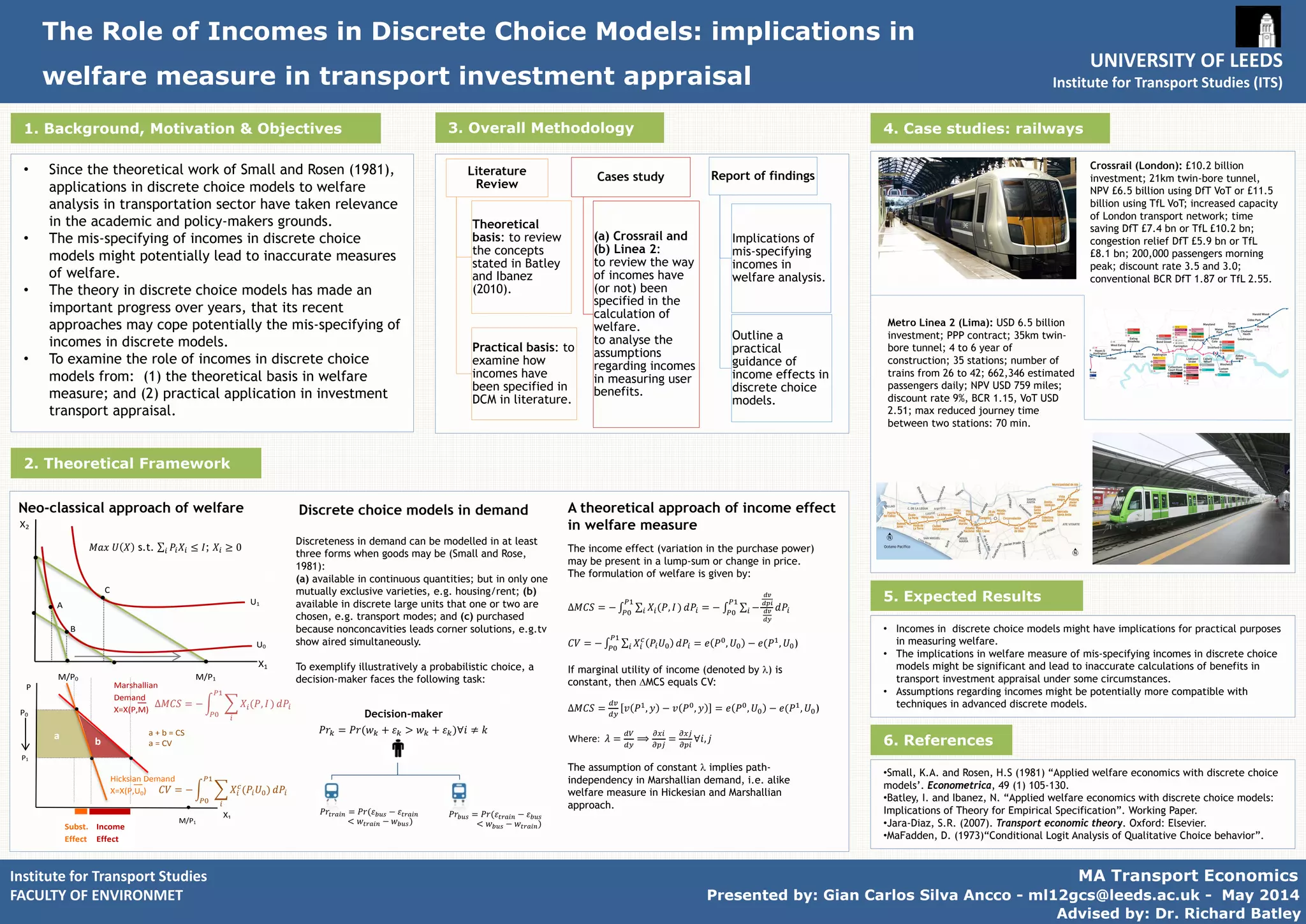The railway system in Great Britain is the oldest in the world.
The world's first locomotive-hauled public railway opened in
1825. Rail passenger demand has experienced significant
growth in the last decade. The study is aimed at undertaking
analysis to determine quantitative elasticity variations with key
factors that drive passenger rail demand in Great Britain for the
period 2002 to 20011. This information is vital in facilitating
decision making, planning, management, policy formulation and
investments in the transport sector.
A measure frequently used to summarize the responsiveness of
demand to changes in the factors determining the level of
demand is the elasticity. Given as :
Where ∆y is the change in the demand y, and ∆xi is the change
in the explanatory variable xi.
• The study offers valuable insights to the variations in the
responsiveness of key drivers to rail travel growth.
• There is plenty of empirical evidence on elasticity’s but not so
much evidence on examining variations. The main aim of this
study is to produce quantitative indications of elasticity’s
variation with key factors such as distance; route; ticket type;.
i. To find evidence on fare elasticity variations.
ii. To find evidence on service quality elasticity variations
iii. To determine general journey time elasticity variations
iv. To find evidence on elasticity variation with the strength of
competition
v. To investigate evidence on GDP elasticity variations across
routes , distance and overtime.
• The study will adapt the conventional modelling approach, the fixed
effect model (FEM) expressed as:
• 𝒍𝒏𝑽𝒊𝒋𝒕 = 𝝁𝒊𝒋 + 𝜶𝒍𝒏𝑭𝒊𝒋𝒕 + 𝜷𝒍𝒏𝑮𝑱𝑻𝒊𝒋𝒕 + 𝜸𝒍𝒏𝑮𝒊𝒕 + 𝜹𝒍𝒏𝑷𝒊𝒕 + 𝜼𝒍𝒏𝑻𝒊𝒋𝒕 +
𝝀𝒍𝒏𝑪𝒊𝒋𝒕 + 𝝆𝑯𝒊𝒕 +𝜺𝒊𝒕
• The FEM allows the time invariant differences between flows which
cannot be included or the time-invariant difference between flows to be
expressed as a specific function of included variables as compared to
the ratio modal approach.
• The beauty of greater generality of FEM makes it preferable for
estimation of panel data.
• The basic model for the study is the fixed effect model (FEM)
as opposed to the previous studies that used the ratio model
(RM) and the PDFH.
• Quantitative secondary panel data from rail operating
companies will be used in this research, consisting of 184 flows
ranging from 20 to 300 miles between stations, in 13 periods
from 2002 to 2011.
• Econometric analysis will be done using Eviews soft ware.
Presentation of results in forms of figures, tables, charts
• Output will be in two forms:
o Within group variation: variation over time for each
flow
o Between group variation: variations flows
AN ANALYSIS OF ELASTICITY VARIATIONS IN RAIL
PASSENGER DEMAND IN GREAT BRITAIN
2002 -2011
• Resent developments in the field of elasticity’s have led to
renewed interest in extending the analysis to variations in
elasticity’s across different key factors.
• Fares and quality of service are fundamental to the operation of
public transport since they form major sources of income to
operators. Evidence on fare elasticity and quality of service
elasticity variations are crucial in decision making on pricing
policy, service level changes and evaluation of non equal-
proportional fare changes for cost effective schemes.
• The last decade has seen transformation of the railway
therefore, it is important for policy-making to be informed by
best available knowledge about the variations in elasticity's
• The GDP elasticity represents the positive impacts of economic
activity on business trips and income on leisure trips.
BACKGROUND
WHY IS IT AN IMPORTANT SUBJECT?
WHY ARE WE STUDYING IT?
WHAT DO WE HOPE TO ACHIEVE?
HOW ARE WE GOING TO DO IT?
WHY THIS MODEL?
WHAT EVIDENCE IS THERE?
Gerald Harry Ekinu- MA Transport Economics
(ID: 200734159)
Supervisor: Professor Mark Wardman
area; elapsed time and levels that this variables take
• A need to recognize and address the limitations of previous/ current
studies in the modelling approaches used.
 
