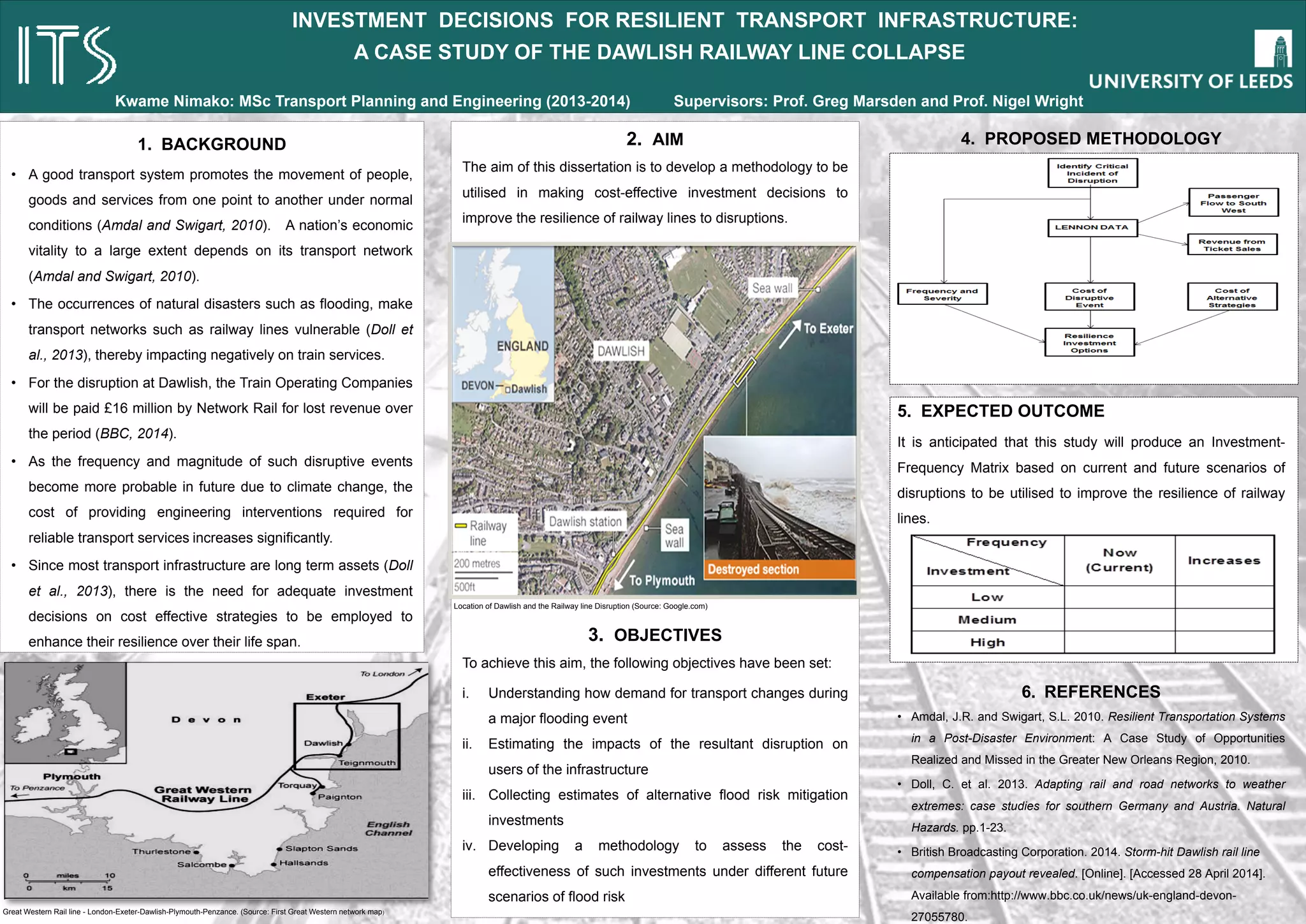 • Road pricing (tolling) dates back to the 17th century introduced
after the turnpike Act – 1663 in UK and to 18th century in the USA;
• Was predominantly used to raise funds for construction and
maintenance of highways;
• In recent times, tolling has been used for numerous reasons;
• Implemented in Singapore since 1975 as a traffic management
tool;
• In London, it has been used since 2003 to reduce congestion and
protect the environment;
• Norway, Sweden and Malaysia use road tolling to raise funds for
road transport budget support.
Road Pricing: A Case of Competing Private Road Toll Operators
The study intends to:
• Study techniques of identifying Nash Equilibrium for multiple toll
operators;
• Examine toll levels that ensure private operators maximise
revenue and meet the Nash Equilibrium conditions;
• Establish how revenue maximising tolls compare with social
welfare maximising tolls.
By Jonah Mumbya | Supervisor – Mr. Andrew Koh | Second Reader – Dr. Chandra Balijepalli
Introduction
Objectives
Motivation
Effects of Increasing Congestion Environmental Costs of Traffic Government Budget Constraints
• Global costs of congestion are high and
projected to increase with increasing
traffic delays;
• In UK, congestion costs (due to delay)
stood at £20bn in 2000 and projected to
increase to £30bn by 2020;
• NTM projects traffic to grow by 43% as a
result of a 66% GDP growth from 2010-
2040 in England alone;
• This would lead to congestion increasing
by 114% and lost seconds per mile would
increase by 36% hence cost as travel
speeds would reduce by 8%.
• Transport is the third largest
contributor to global warming
just behind energy (electricity
and heating) and industry;
• In UK, Road transport
contributed over 27% to
Green House Gasses with
cars having 58% of this in
2009;
• With increasing motorisation,
this is likely to be the same or
worse with time.
• Governments are continually
getting constrained to finance
road infrastructure using
traditional budget
appropriations;
• Hence road users ought to
meet part of the road
infrastructure investment
costs/budgets;
• Road pricing supports about
32% of Norway’s national road
system budget and 46% of
Spain's road budget.
Methodology
a) Link Selection;
Link selection shall be based on the difference
between link marginal cost and average cost and the
level of congestion of the do-nothing scenario.
b) Determine Tolls;
Iteratively, tolls will be set until a Nash Equilibrium is
achieved for the competing toll operators.
c) Traffic Assignment;
Using SATURN, traffic shall be assigned to the
network based on Wardrop’s first equilibrium
principle.
d) Calculation of Revenue and Benefits.
Based on assigned link flows from SATURN,
revenues and social benefits will be calculated.
Test Network – Edinburgh
1
2
3
4 5
Select Links
[SATURN]
Set Tolls
Assign Traffic to
the Network
[SATURN]
Is Nash
Equilibrium
Achieved?
Calculate
Revenue and
Social
Benefits
No
Yes
 