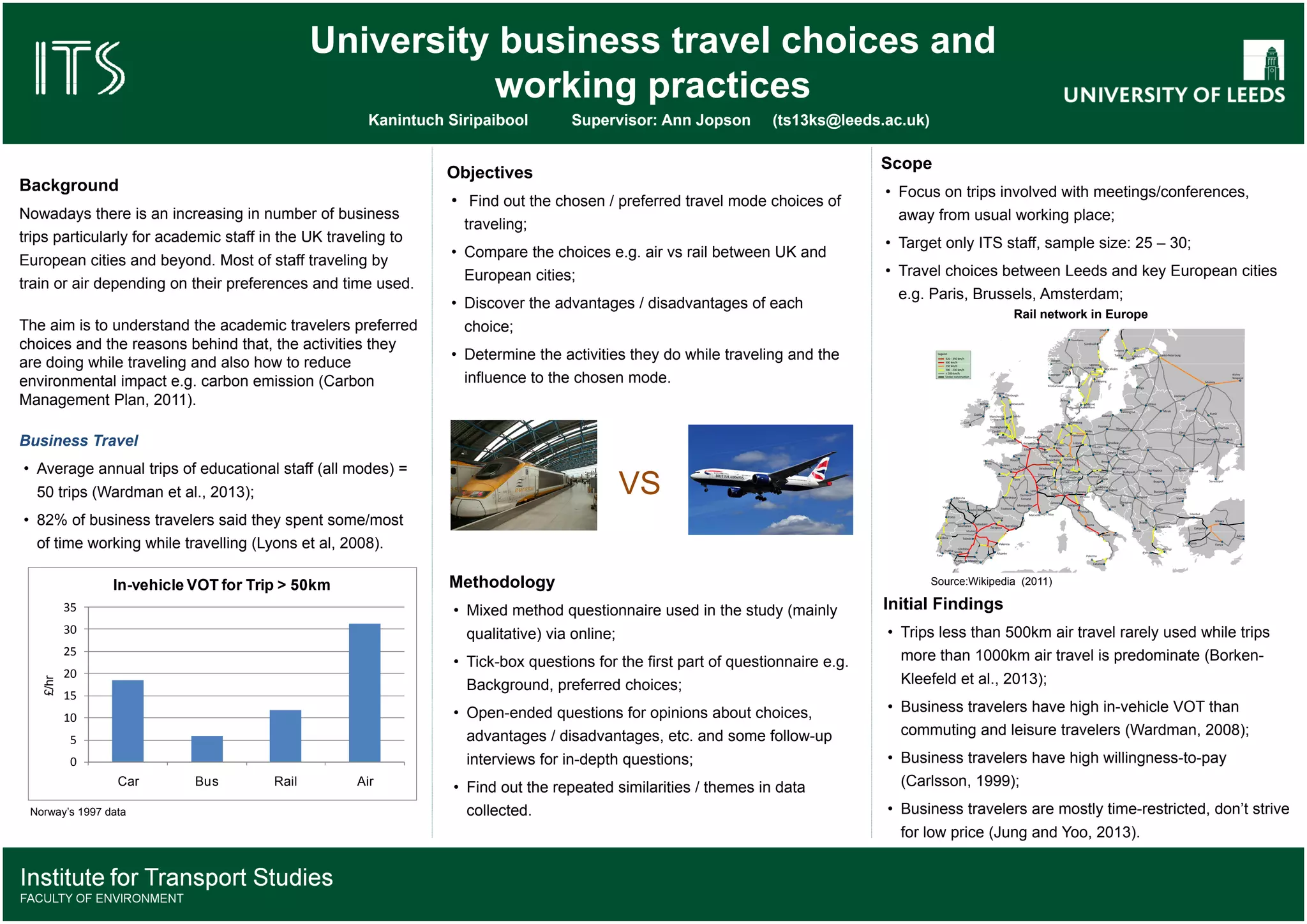 INVESTMENT DECISIONS FOR RESILIENT TRANSPORT INFRASTRUCTURE:
A CASE STUDY OF THE DAWLISH RAILWAY LINE COLLAPSE
Kwame Nimako: MSc Transport Planning and Engineering (2013-2014) Supervisors: Prof. Greg Marsden and Prof. Nigel Wright
1. BACKGROUND
• A good transport system promotes the movement of people,
goods and services from one point to another under normal
conditions (Amdal and Swigart, 2010). A nation’s economic
vitality to a large extent depends on its transport network
(Amdal and Swigart, 2010).
• The occurrences of natural disasters such as flooding, make
transport networks such as railway lines vulnerable (Doll et
al., 2013), thereby impacting negatively on train services.
• For the disruption at Dawlish, the Train Operating Companies
will be paid £16 million by Network Rail for lost revenue over
the period (BBC, 2014).
• As the frequency and magnitude of such disruptive events
become more probable in future due to climate change, the
cost of providing engineering interventions required for
reliable transport services increases significantly.
• Since most transport infrastructure are long term assets (Doll
et al., 2013), there is the need for adequate investment
decisions on cost effective strategies to be employed to
enhance their resilience over their life span.
2. AIM
The aim of this dissertation is to develop a methodology to be
utilised in making cost-effective investment decisions to
improve the resilience of railway lines to disruptions.
3. OBJECTIVES
To achieve this aim, the following objectives have been set:
i. Understanding how demand for transport changes during
a major flooding event
ii. Estimating the impacts of the resultant disruption on
users of the infrastructure
iii. Collecting estimates of alternative flood risk mitigation
investments
iv. Developing a methodology to assess the cost-
effectiveness of such investments under different future
scenarios of flood risk
Great Western Rail line - London-Exeter-Dawlish-Plymouth-Penzance. (Source: First Great Western network map)
Location of Dawlish and the Railway line Disruption (Source: Google.com)
4. PROPOSED METHODOLOGY
5. EXPECTED OUTCOME
It is anticipated that this study will produce an Investment-
Frequency Matrix based on current and future scenarios of
disruptions to be utilised to improve the resilience of railway
lines.
6. REFERENCES
• Amdal, J.R. and Swigart, S.L. 2010. Resilient Transportation Systems
in a Post-Disaster Environment: A Case Study of Opportunities
Realized and Missed in the Greater New Orleans Region, 2010.
• Doll, C. et al. 2013. Adapting rail and road networks to weather
extremes: case studies for southern Germany and Austria. Natural
Hazards. pp.1-23.
• British Broadcasting Corporation. 2014. Storm-hit Dawlish rail line
compensation payout revealed. [Online]. [Accessed 28 April 2014].
Available from:http://www.bbc.co.uk/news/uk-england-devon-
27055780.
 