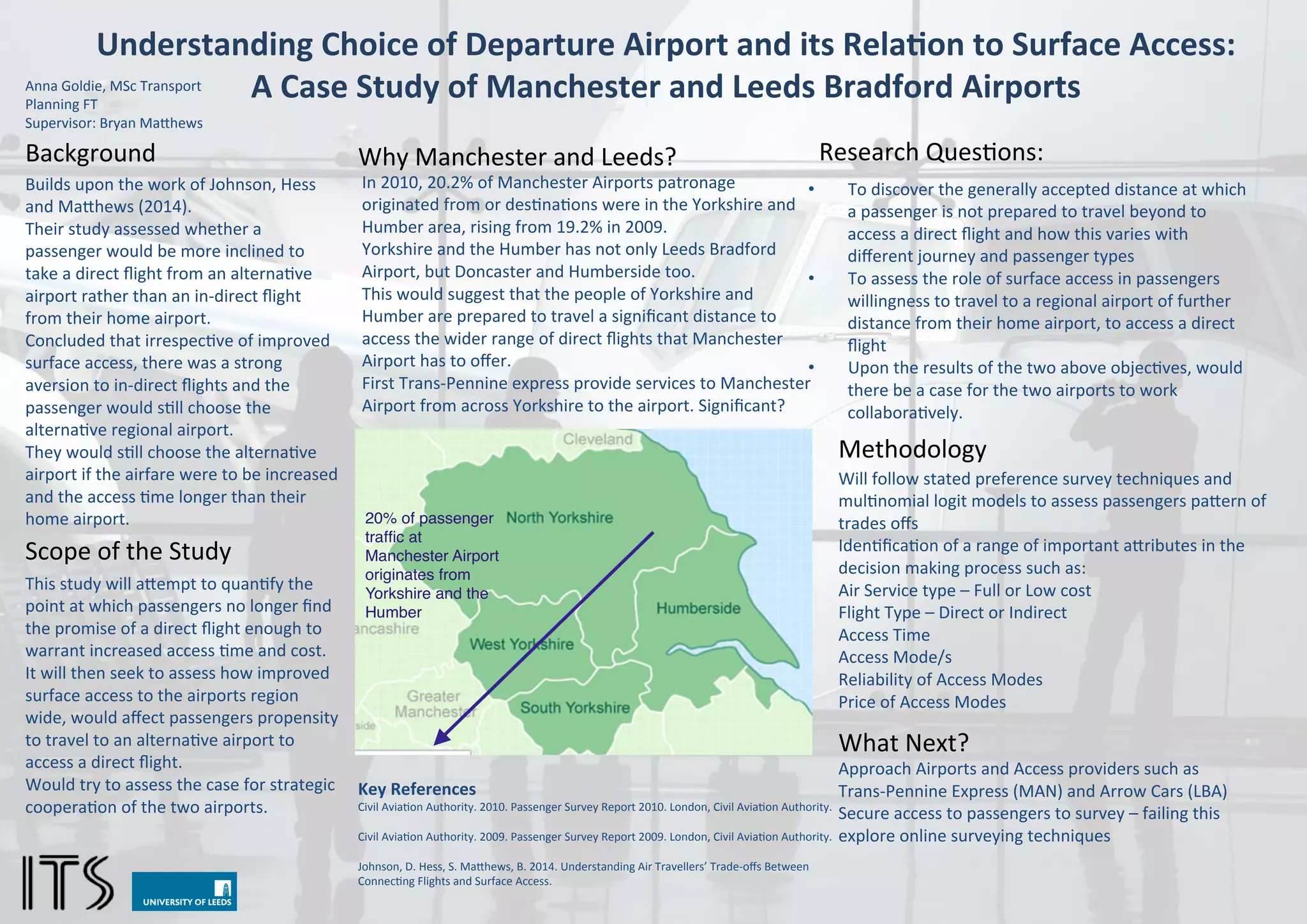 Understanding	
  Choice	
  of	
  Departure	
  Airport	
  and	
  its	
  Rela7on	
  to	
  Surface	
  Access:	
  
A	
  Case	
  Study	
  of	
  Manchester	
  and	
  Leeds	
  Bradford	
  Airports	
  	
  
	
  
•  To	
  discover	
  the	
  generally	
  accepted	
  distance	
  at	
  which	
  
a	
  passenger	
  is	
  not	
  prepared	
  to	
  travel	
  beyond	
  to	
  
access	
  a	
  direct	
  ﬂight	
  and	
  how	
  this	
  varies	
  with	
  
diﬀerent	
  journey	
  and	
  passenger	
  types	
  
•  To	
  assess	
  the	
  role	
  of	
  surface	
  access	
  in	
  passengers	
  
willingness	
  to	
  travel	
  to	
  a	
  regional	
  airport	
  of	
  further	
  
distance	
  from	
  their	
  home	
  airport,	
  to	
  access	
  a	
  direct	
  
ﬂight	
  	
  
•  Upon	
  the	
  results	
  of	
  the	
  two	
  above	
  objec=ves,	
  would	
  
there	
  be	
  a	
  case	
  for	
  the	
  two	
  airports	
  to	
  work	
  
collabora=vely.	
  	
  
Research	
  Ques=ons:	
  Background	
  	
  
Builds	
  upon	
  the	
  work	
  of	
  Johnson,	
  Hess	
  
and	
  MaGhews	
  (2014).	
  	
  
Their	
  study	
  assessed	
  whether	
  a	
  
passenger	
  would	
  be	
  more	
  inclined	
  to	
  
take	
  a	
  direct	
  ﬂight	
  from	
  an	
  alterna=ve	
  
airport	
  rather	
  than	
  an	
  in-­‐direct	
  ﬂight	
  
from	
  their	
  home	
  airport.	
  	
  
Concluded	
  that	
  irrespec=ve	
  of	
  improved	
  
surface	
  access,	
  there	
  was	
  a	
  strong	
  
aversion	
  to	
  in-­‐direct	
  ﬂights	
  and	
  the	
  
passenger	
  would	
  s=ll	
  choose	
  the	
  
alterna=ve	
  regional	
  airport.	
  	
  
They	
  would	
  s=ll	
  choose	
  the	
  alterna=ve	
  
airport	
  if	
  the	
  airfare	
  were	
  to	
  be	
  increased	
  
and	
  the	
  access	
  =me	
  longer	
  than	
  their	
  
home	
  airport.	
  	
  
	
  
This	
  study	
  will	
  aGempt	
  to	
  quan=fy	
  the	
  
point	
  at	
  which	
  passengers	
  no	
  longer	
  ﬁnd	
  
the	
  promise	
  of	
  a	
  direct	
  ﬂight	
  enough	
  to	
  
warrant	
  increased	
  access	
  =me	
  and	
  cost.	
  	
  
It	
  will	
  then	
  seek	
  to	
  assess	
  how	
  improved	
  
surface	
  access	
  to	
  the	
  airports	
  region	
  
wide,	
  would	
  aﬀect	
  passengers	
  propensity	
  
to	
  travel	
  to	
  an	
  alterna=ve	
  airport	
  to	
  
access	
  a	
  direct	
  ﬂight.	
  
Would	
  try	
  to	
  assess	
  the	
  case	
  for	
  strategic	
  
coopera=on	
  of	
  the	
  two	
  airports.	
  	
  
	
  
Scope	
  of	
  the	
  Study	
  
Why	
  Manchester	
  and	
  Leeds?	
  	
  
In	
  2010,	
  20.2%	
  of	
  Manchester	
  Airports	
  patronage	
  
originated	
  from	
  or	
  des=na=ons	
  were	
  in	
  the	
  Yorkshire	
  and	
  
Humber	
  area,	
  rising	
  from	
  19.2%	
  in	
  2009.	
  	
  
Yorkshire	
  and	
  the	
  Humber	
  has	
  not	
  only	
  Leeds	
  Bradford	
  
Airport,	
  but	
  Doncaster	
  and	
  Humberside	
  too.	
  	
  
This	
  would	
  suggest	
  that	
  the	
  people	
  of	
  Yorkshire	
  and	
  
Humber	
  are	
  prepared	
  to	
  travel	
  a	
  signiﬁcant	
  distance	
  to	
  
access	
  the	
  wider	
  range	
  of	
  direct	
  ﬂights	
  that	
  Manchester	
  
Airport	
  has	
  to	
  oﬀer.	
  
First	
  Trans-­‐Pennine	
  express	
  provide	
  services	
  to	
  Manchester	
  
Airport	
  from	
  across	
  Yorkshire	
  to	
  the	
  airport.	
  Signiﬁcant?	
  
	
  
Key	
  References	
  	
  
Civil	
  Avia=on	
  Authority.	
  2010.	
  Passenger	
  Survey	
  Report	
  2010.	
  London,	
  Civil	
  Avia=on	
  Authority.	
  	
  
	
  	
  
Civil	
  Avia=on	
  Authority.	
  2009.	
  Passenger	
  Survey	
  Report	
  2009.	
  London,	
  Civil	
  Avia=on	
  Authority.	
  	
  
	
  	
  
Johnson,	
  D.	
  Hess,	
  S.	
  MaGhews,	
  B.	
  2014.	
  Understanding	
  Air	
  Travellers’	
  Trade-­‐oﬀs	
  Between	
  
Connec=ng	
  Flights	
  and	
  Surface	
  Access.	
  	
  
	
  
Anna	
  Goldie,	
  MSc	
  Transport	
  
Planning	
  FT	
  
Supervisor:	
  Bryan	
  MaGhews	
  	
  
Methodology	
  	
  
	
  Will	
  follow	
  stated	
  preference	
  survey	
  techniques	
  and	
  
mul=nomial	
  logit	
  models	
  to	
  assess	
  passengers	
  paGern	
  of	
  
trades	
  oﬀs	
  	
  
Iden=ﬁca=on	
  of	
  a	
  range	
  of	
  important	
  aGributes	
  in	
  the	
  
decision	
  making	
  process	
  such	
  as:	
  
Air	
  Service	
  type	
  –	
  Full	
  or	
  Low	
  cost	
  	
  
Flight	
  Type	
  –	
  Direct	
  or	
  Indirect	
  	
  
Access	
  Time	
  	
  
Access	
  Mode/s	
  	
  
Reliability	
  of	
  Access	
  Modes	
  	
  
Price	
  of	
  Access	
  Modes	
  	
  
	
  
	
  
Approach	
  Airports	
  and	
  Access	
  providers	
  such	
  as	
  	
  
Trans-­‐Pennine	
  Express	
  (MAN)	
  and	
  Arrow	
  Cars	
  (LBA)	
  	
  
Secure	
  access	
  to	
  passengers	
  to	
  survey	
  –	
  failing	
  this	
  
explore	
  online	
  surveying	
  techniques	
  	
  
	
  
	
  
	
  
What	
  Next?	
  
 