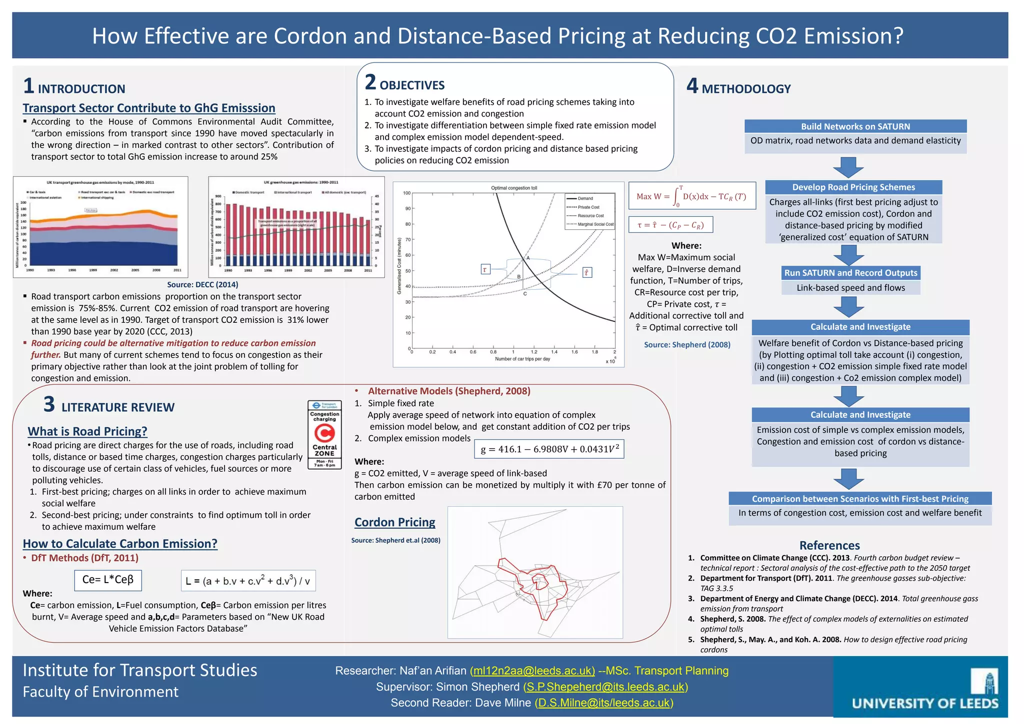 2) Description of the Topic - Objectives
In the context of this survey, new stated preference
data on mode choice are collected, with two components:
one using current settings and one incorporating reducing
car use & switching to public transport commuting instead.
The work then investigates the performance of models
estimated on the base scenario to predict the behaviour
after the incentives have been brought in, and looks at
the benefits that a treatment of attitudes brings in this
context.
3) Scope of the Research
We investigate the response of the
participants at 4 different scenarios -
policy interventions:
•Increase in fuel price
•Increase in parking cost
•Decrease in public transport cost (fare)
•Increase in the frequency of public
transport
4) Methodology
Statistical Model: Discrete Choice Modeling - Integrated
Choice & Latent Variable Model (ICVL)
We consider that the interviewees have 3 transportation
options: drive & pay for parking, drive & search for free
parking & use public transport. We give them eight current
alternatives in which the attributes of the three options differ
slightly. After that, we introduce 4 hypothetical policy
interventions from their base scenario, where only one
attribute changes every time. The individuals’ choices depend
on the perceived utility of each option, which itself depends on
the attributes of the specific alternative (access time,
frequency, travel time, finding space, egress time, cost), the
person’s socio-demographic characteristics (age, income,
gender, education, area of residence, marital status), but also
on the latent attitudes an of the individual (pro-intervention
attitudes). Those attitudes explain his responses to the
attitudinal questions (indicators I).
5) Data Collection: Survey - Stated Preference Data
Collection – Devision of on-line Questionnaire
The questionnaire consists of four parts:
• Existing Situation
•Stated Preference Part → Before/After Policy
Intervention Choices
• Car/Public Transport Attributes & Attitudes
• Socio - Demographic Characteristics
Sample: Staff of the University of Leeds, size of
approximately 100 persons who commute by car.
On-line survey instead of face-to-face interviews
Indicators I →
Responses to
attitudinal questions
Socio-demographic
Characteristics of
interviewees
Utility of car &
public transport
Attributes X of
modes (car &
public transport)
Choice ↔ Probability
of different scenarios
occurring
1) Introduction-Background
Nowadays, the challenge in transportation is
to move to a more sustainable,
environmentally friendly & economic way of
commuting. To achieve this goal, incentives
should be given to individuals in order to
switch from car use to public transport. This
dissertation aims to deepen in this issue, to
investigate & quantify those incentives &
examine all its parameters, as there are no
retrospect surveys on this subject.
Marina T. Triampela, Stephane Hess
 