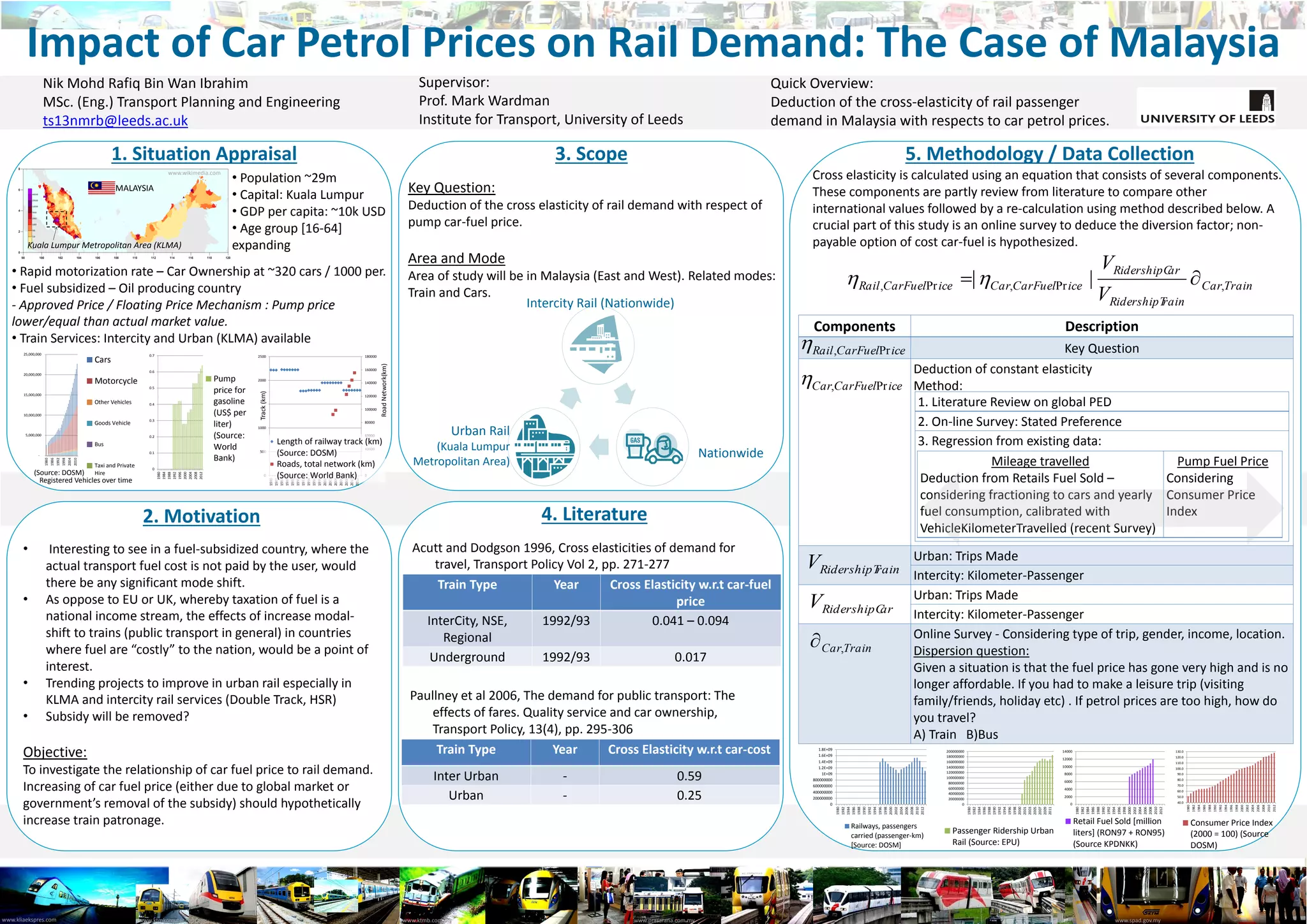 Institute for Transport Studies
Faculty of Environment
1INTRODUCTION
Transport Sector Contribute to GhG Emisssion
 According to the House of Commons Environmental Audit Committee,
“carbon emissions from transport since 1990 have moved spectacularly in
the wrong direction – in marked contrast to other sectors”. Contribution of
transport sector to total GhG emission increase to around 25%
 Road transport carbon emissions proportion on the transport sector
emission is 75%-85%. Current CO2 emission of road transport are hovering
at the same level as in 1990. Target of transport CO2 emission is 31% lower
than 1990 base year by 2020 (CCC, 2013)
 Road pricing could be alternative mitigation to reduce carbon emission
further. But many of current schemes tend to focus on congestion as their
primary objective rather than look at the joint problem of tolling for
congestion and emission.
How to Calculate Carbon Emission?
• DfT Methods (DfT, 2011)
Where:
Ce= carbon emission, L=Fuel consumption, Ceβ= Carbon emission per litres
burnt, V= Average speed and a,b,c,d= Parameters based on “New UK Road
Vehicle Emission Factors Database”
• Alternative Models (Shepherd, 2008)
1. Simple fixed rate
Apply average speed of network into equation of complex
emission model below, and get constant addition of CO2 per trips
2. Complex emission models
Where:
g = CO2 emitted, V = average speed of link-based
Then carbon emission can be monetized by multiply it with £70 per tonne of
carbon emitted
Cordon Pricing
4METHODOLOGY
Researcher: Naf’an Arifian (ml12n2aa@leeds.ac.uk) --MSc. Transport Planning
Supervisor: Simon Shepherd (S.P.Shepeherd@its.leeds.ac.uk)
Second Reader: Dave Milne (D.S.Milne@its/leeds.ac.uk)
How Effective are Cordon and Distance-Based Pricing at Reducing CO2 Emission?
2OBJECTIVES
1. To investigate welfare benefits of road pricing schemes taking into
account CO2 emission and congestion
2. To investigate differentiation between simple fixed rate emission model
and complex emission model dependent-speed.
3. To investigate impacts of cordon pricing and distance based pricing
policies on reducing CO2 emission
Build Networks on SATURN
OD matrix, road networks data and demand elasticity
Develop Road Pricing Schemes
Charges all-links (first best pricing adjust to
include CO2 emission cost), Cordon and
distance-based pricing by modified
‘generalized cost’ equation of SATURN
Run SATURN and Record Outputs
Link-based speed and flows
Calculate and Investigate
Emission cost of simple vs complex emission models,
Congestion and emission cost of cordon vs distance-
based pricing
Comparison between Scenarios with First-best Pricing
In terms of congestion cost, emission cost and welfare benefit
What is Road Pricing?
•Road pricing are direct charges for the use of roads, including road
tolls, distance or based time charges, congestion charges particularly
to discourage use of certain class of vehicles, fuel sources or more
polluting vehicles.
1. First-best pricing; charges on all links in order to achieve maximum
social welfare
2. Second-best pricing; under constraints to find optimum toll in order
to achieve maximum welfare
Ce= L*Ceβ
3 LITERATURE REVIEW
Calculate and Investigate
Welfare benefit of Cordon vs Distance-based pricing
(by Plotting optimal toll take account (i) congestion,
(ii) congestion + CO2 emission simple fixed rate model
and (iii) congestion + Co2 emission complex model)
Source: Shepherd (2008)
Source: DECC (2014)
Source: Shepherd et.al (2008)
1. Committee on Climate Change (CCC). 2013. Fourth carbon budget review –
technical report : Sectoral analysis of the cost-effective path to the 2050 target
2. Department for Transport (DfT). 2011. The greenhouse gasses sub-objective:
TAG 3.3.5
3. Department of Energy and Climate Change (DECC). 2014. Total greenhouse gass
emission from transport
4. Shepherd, S. 2008. The effect of complex models of externalities on estimated
optimal tolls
5. Shepherd, S., May. A., and Koh. A. 2008. How to design effective road pricing
cordons
References
 