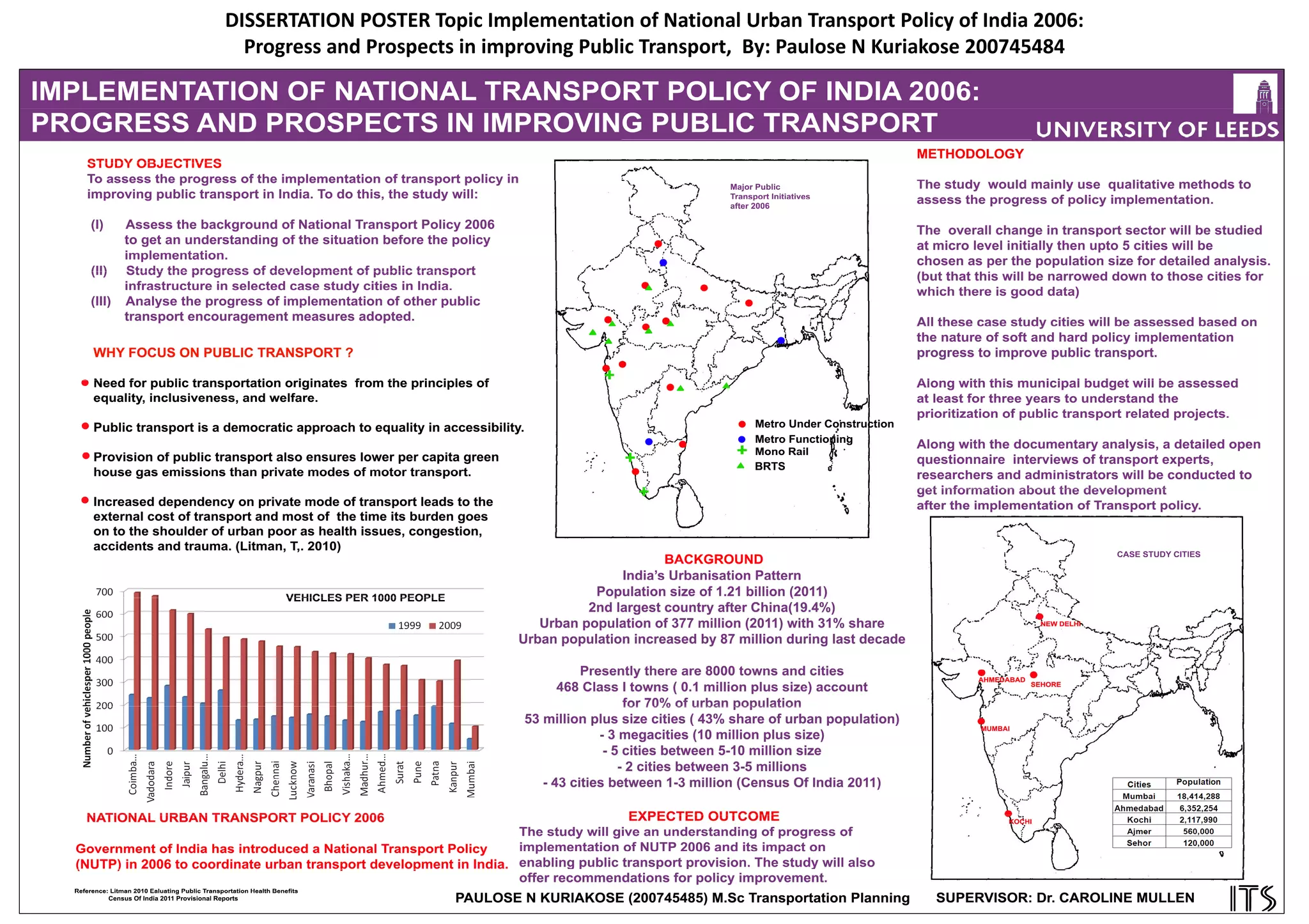 Background
How Good the SATURN Model Representing the Network Impact of Lendal Bridge Closing Trial?
Objective
Scope of Study
• Study area confined by the
ring road (A64 and A1237)
• Access crossing Ouse River
A. Rawcliffe Bridge
B. Clifton Bridge
C. Lendal Bridge
D. Ouse Bridge
E. Skeldergate Bridge
F. A64
Data
• Survey Manual Classified Counts
 Survey has been conducted every autumn (September, October, November)
 Record bridge crossings activity for 12 hours (07:00-19:00)
 Data available motorised vehicle, bicycles and pedestrian
 However exact survey location is unknown
• Automatic Traffic Count Data
 ATC location spread around the study area
 Record vehicle, cycle and car park
• Network model and Trip Matrix of York City
• Journey time data from Trafficmaster
• However, data only limited to traffic count and journey time without specific
detail to each vehicle (GPS or Number Plate)
• Lendal Bridge Closing Trial
 27th August 2013 until 26th February 2014.
 10:30 until 17:00
 closure limited to cars, lorries and motorbike
(www.york.gov.uk/)
• SATURN (Simulation and Assignment of Traffic to Urban Road Networks)
 Transportation network analysis program developed at Institute for
Transport Studies, University of Leeds
 Generalised Cost, 𝐶 = 𝛼𝑇 + 𝛽𝐷 (α = PPM and β = PPK) while T and D
denotes travel time and distance is the basic principle of route choice
 Combined assignment and simulation model
Methodology Data Description
Pujas Bakdirespati ts13plb@leeds.ac.uk (200792978) MSc. Transport Planning and Engineering
0
100
200
300
400
500
600
North 2012 North 2013
24 Hour Bridge Traffic Load Proportion
Lendal Bridge Traffic Flow
ATC Data Difference 2013 to 2012
Before the Closing
Difference
York Network
Supervisor: Dr. David Milne
21.91%
11.46%
7.29%8.83%
13.74%
36.77%
22.08
%
12.00%
4.94%
7.87%
14.65%
38.44%
22.81
%
12.51
%
3.47
%8.15%
15.57
%
37.49
%
21.25%
11.42%
6.63%
7.56%
13.59%
39.54%
Rawcliffe Bridge
Clifton Bridge
Lendal Bridge
Ouse Bridge
Skeldergate Bridge
A64
2012
2013
Bridge Open
Bridge Closed
-16.00%
-11.00%
-6.00%
-1.00%
4.00%
9.00%
14.00%
19.00%
Direction 1 Direction 2
-16.00%
-11.00%
-6.00%
-1.00%
4.00%
9.00%
14.00%
19.00%
Direction 1 Direction 2
0
100
200
300
400
500
600
South 2012 South 2013
Lendal Bridge Select Link Assignment
11:00-17:00 Peak
• To compare route choice between the result of SATURN model and observation data, which in this case the comparison could be
divided in two steps:
 Route choice before the closing of Lendal Bridge trial, where the SATURN model will be calibrated with journey time and flow
data in order to better reflect the condition
 Route choice after the closing of Lendal Bridge trial, where the SATURN model is slightly modified at Lendal bridge where it is
banned in two way with exemptions of bus, while during the closing condition could be interpreted as evolving condition
throughout the time
• By using
𝛼
𝛽
indicates ratio of PPM and PPK without knowing the value of both which believed to be appropriate as variable to
conduct sensitivity testing to calibrate the model
Comparison of Traffic Flow and Travel Time
Between Forecast and Observation Data
 The first step of research methodology will
focused on the route choice at before closing
condition with available SATURN model.
Subsequently, will be compared with the real
condition of route choice which acquire from link
flows and travel time data to find a better value
of ratio
𝛼
𝛽
. There are possibilities of step repetition
as we would calculate the correct ratio for
SATURN model.
 Second step similar with the first step however,
the SATURN model is completely new with slight
modifications made at the network.
 Consequently, the last step of research is to
compare the route choice in both condition and
made analysis on the main findings
 There is possibility of data collection to support
hypothesis in findings
Secondary Data
Step 1
York City
Network Before
the Trial
O-D Matrix of
York City
SATURN Software
Forecast of Traffic Flow Each Link
Step 2
York City
Network After
the Trial
O-D Matrix of
York City
SATURN Software
Forecast of Traffic Flow Each Link
Comparison of Traffic Flow and Travel Time
Between Forecast and Observation Data
Main Findings
Comparison of Route Choice Between
Forecast and Observation Data
 