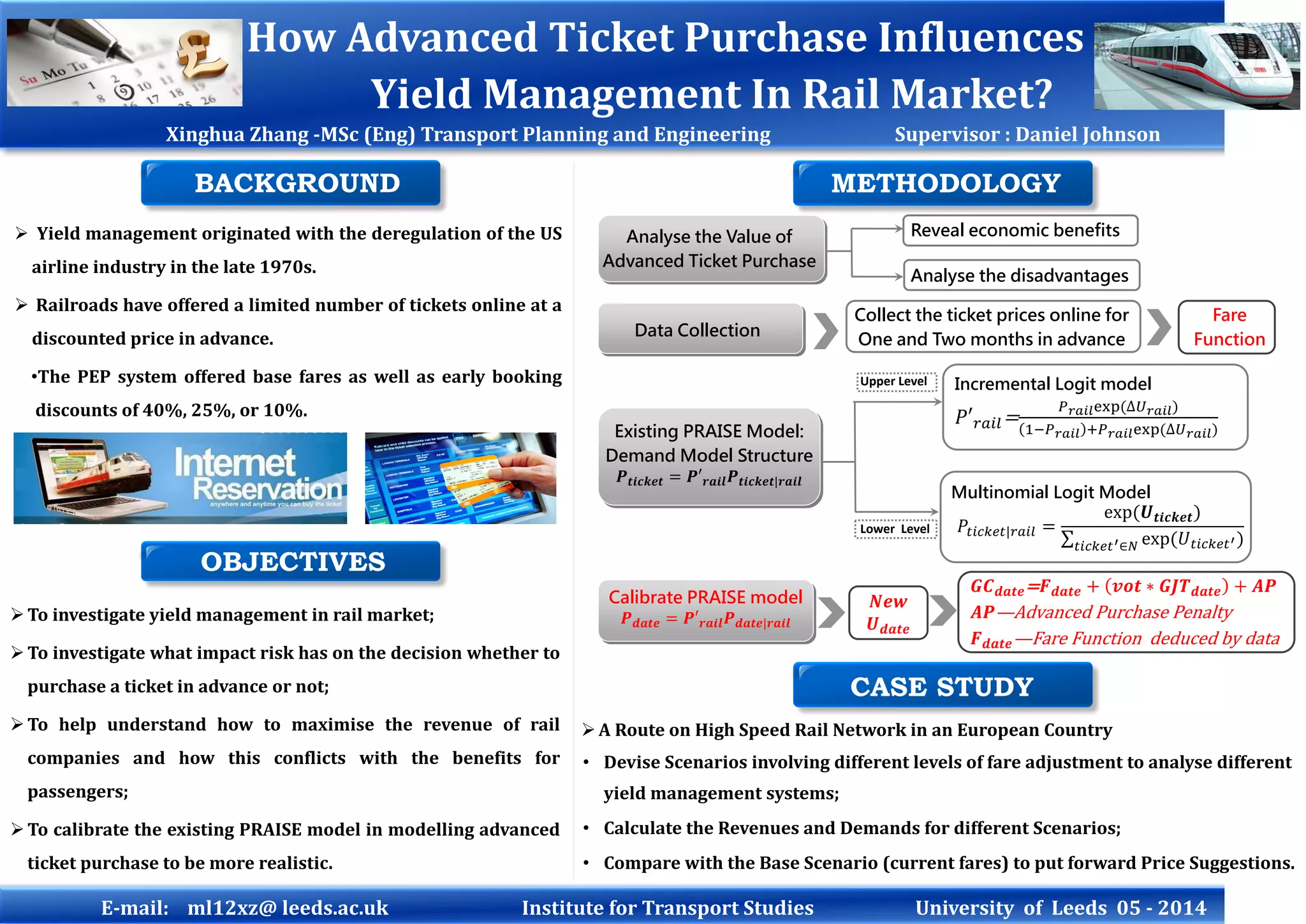 Sustainable Aviation:
Evolution of China’s Aviation Industry (Markets and Fleet)
STUDENT: Wendy Dzifa Wemakor
SUPERVISORS: Professor Andrew L. Heyes & Dr Zia Wadud
Introduction
Currently, China’s domestic fleet is made up of two
aircraft types , turboprops and regional jets. There are
a total of 725 flight routes of which 655 flights are
served by regional jets and 70 by turboprops
(Ryerson and Ge,2014). As cities and personal wealth
increases, so will the intensity of human interactions
with the result that there will be and increase in
demand for air travel. The aircraft will have to grow
and evolve to meet the need.
Objectives
China’s aviation industry is a significant contributor
to its economy. In 2010, the industry contributed
about 1% of total GDP and 296 million passengers
and 11 million metric tons of freight travelled to,
within and from China (IATA,2012).Tremendous
growth in China’s aviation industry is expected by
2020 and will take the highest value of aircraft
deliveries in the period as predicted by Boeing and
Airbus, the world’s largest manufacturers of aircrafts.
To develop a representative model of the development
of air travel in China in order to
• assess the world fraction of China’s aviation
market and how it will change over the next two
decades.
• determine the optimum aircraft fleet to meet
China’s air travel demand in the most energy
efficient way.
• compare air travel between China’s cities with the
High Speed Rail from an energy perspective
The demand Dij between cities i and j is calculated using
a simple one-equation gravity model of the form
𝐷𝑒𝑚𝑎𝑛𝑑 𝐷𝑖𝑗
= 𝐾 ∗ 𝑝𝑜𝑝𝑖 𝑝𝑜𝑝𝑗
𝛼
∗ 𝐺𝐷𝑃𝑖 𝐺𝐷𝑃𝑗
𝛽
∗ 𝑐𝑜𝑠𝑡𝑖𝑗
𝛾
The forecast will help determine fleet type to meet
demand from an energy perspective.
Methodology
Analysis of
Air Travel
Demand
Model
Optimization
of Fleet Type
Comparison
of Results
Air Travel
and HSR
Discussion
s and
Conclusion
Gravity Demand Model
Optimization of Fleet to Meet
China’s Demand
Expected Output
Regional Jet / HSR/ Turboprop?
It is hoped the study will allow conclude whether
or not aviation is the optimum way to link China’s
vast growing cities and how it can be integrated
with other transport modes like the high speed rail
to form a sustainable transport system
Whatwillitbe?
2013/14
Figure 1: Aircraft demand in global aviation market (Airbus, 2012)
Reference
• Airbus. 2012. Global Market Forecast 2012-2031.
• International Air Transport Association. 2012. Special
report: Chinese aviation. A New Era in Aviation.
• Ryerson, M. S. and Ge, X. 2014. The role of turboprops
in China’s growing aviation system. Journal of
Transport Geography.
 