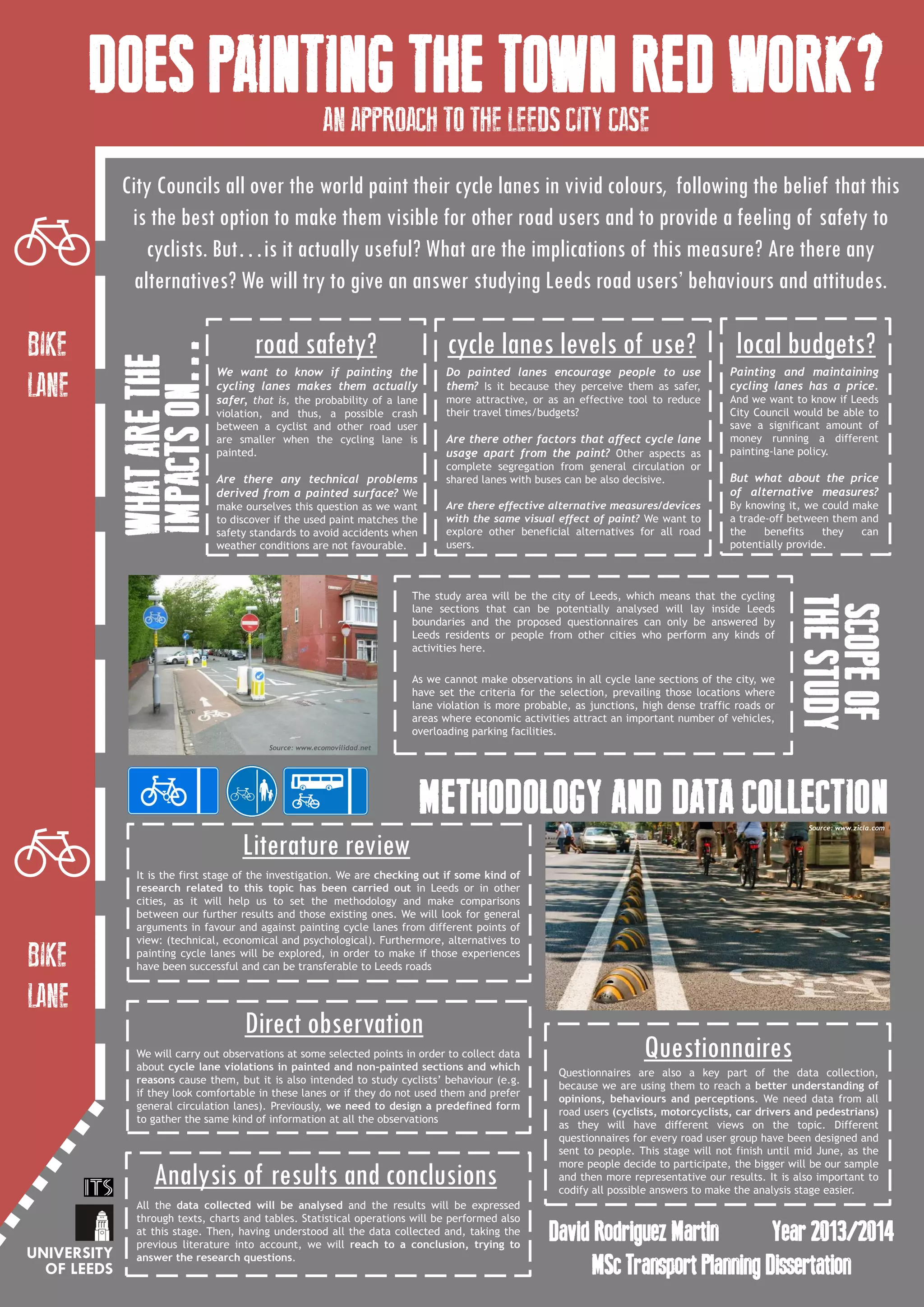Electric Bikes: a solution to hills? Lessons from case of China
.
 In the chart, the growth rate of E-bikes was predicted to
show a sharply increase in Western Europe while the
others remain stable from 2013 to 2020.
 Easily found in the terrain map of UK, the most land of
UK is covered by rugged hills and low mountains,
especially from the middle to the north.
 Find out the potential users of E-bikes in
UK, range from different age and gender.
 In order to improve the market of E-bikes
in UK, the appropriate price and what will
the consumers consider when deciding to
buy a E-bike should be identified.
 The usage of E-bikes.
UK
China
Zhixi Li – ts13zl@leeds.ac.uk Msc Transport Planning Supervisor: Frances Hodgson
ITSUniversity of Leeds
Background1 Objectives2 Methodology3
Study of UK
Questionnaire
Classification of Respondents
1 Gender
2 Age
Case Study of
China to inform UK
Focus Group
Literature Review
1 Government publication
2 News Report
Potential outcomes5
Scope4
UK
Age Gender Standard
20-40 Male • 60 people will be surveyed
for each age group, and 30
for each gender.
• Online surveys and practical
surveys will be done on the
same time for all the age
group
Female
40-60 Male
Female
60-80 Male
Female
China (second tier city)
Drivers
Pedestrians and cyclists
 China began to produce E-bikes since 1998 and have
the most amount of E-bikes users, increased from
several thousands to more than 10 million in 2005.
 Lacking of appropriate improvement strategies and
regulations leads to a lot of traffic congestions and
accidents.
Introduction
 E-bike is a kind of tool which take hills out of riding
(Goodman, 2010).
 UK government defined Electric bikes as “electrically
assisted pedal cycles”(EAPCs) which should be 2-
wheeled bicycles, tandems or tricycles with a battery
pack and a motor to transfer power.
 The definition of E-bikes in China has a greater range,
included E-bikes, E-scooters, Mobility Scooters.
Background of theses two countries
 The research will seek to identify the
advantages and disadvantages resulted
from using E-bikes to the citizens of China,
while the reason why E-bikes are so
popular in China will be found.
 By review the documents related to E-
bikes in china, find out the potential
problems to the whole transport system,
and make suggestion for an appropriate
improvement strategies and policies.
 Most of the young people might use E-
bikes for leisure, therefore E-bikes may be
more popular for elder people, the survey
will help to find the reason of it
 Price and safety reasons may be the most
important thing to concern
 After the case study of China, Appropriate
policies and improvement strategies
should be determinate and published, in
order to make suggestions for UK
 Infrastructure and related facilities would
be well designed and built up before E-
bikes plan being practiced
 