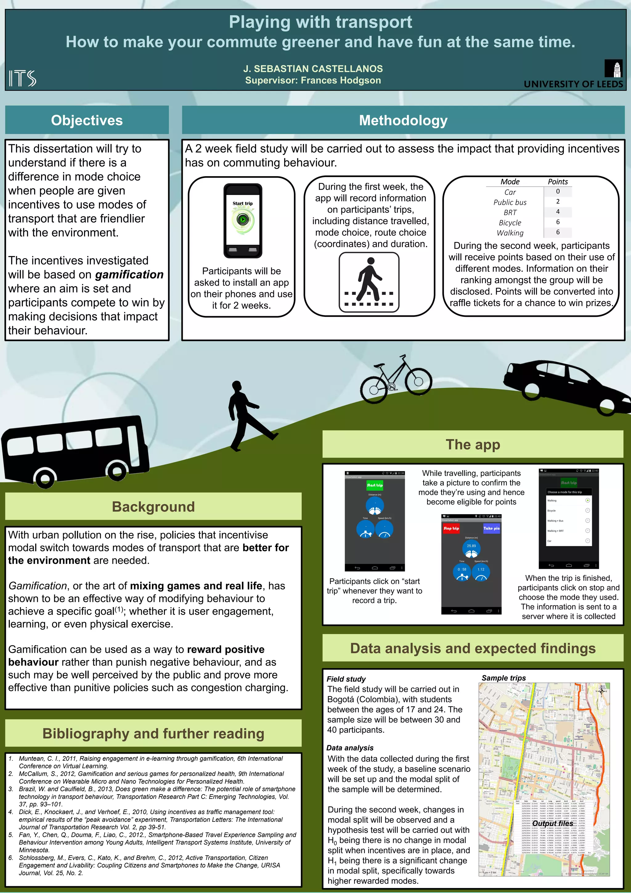 Analysing of the Relationship Between
Accessibility and Customer Satisfaction
for the Evaluation of Transport Plans
Ioanna Moscholidou, MSc Sustainability
Supervisor: Astrid GühnemannTHE CASE OF WEST YORKSHIRE
Evaluation plays a key role in transport planning as it allows the
timely identification of strengths and weaknesses and the
readjustment of policies and measures (Burggraf and Gühnemann,
2014).
The evaluation of accessibility is an area that attracts increasing
attention in transport planning. However the challenge of
identifying the correct measures for each situation remains. It is
suggested that for meaningful assessment accessibility levels
should be disaggregated for different modes and social groups and
linked to other indicators to allow contextualisation (Geurs and van
Wee, 2004).
In existing research the links between the public transport supply
and the perceived service quality have not been clearly
established. It is suggested that the subjective views of customers
are highly context-dependent and not only do they reflect what
they get but also how they get it and who they are (Friman and
Fellesson, 2009).
The theoretical background
The methodology
The objectives
Source: Metro, 2014 Source: Vector Research, 2012
6.9
satisfaction
with rail
services
7.2
satisfaction
with bus
services
67%
of the population has access to
workplace within 30 minutes using
public transport
The 2011 baseline
Access to employment
% of working population able to access key
employment centres within 30 minutes using
the core public transport network.
Satisfaction with transport
The indicator combines satisfaction scores
across modes and assets. Scored out of 10.
The Local Transport Plan Targets
75%
67%
7.0+
6.6
The West Yorkshire context
Metro, the West Yorkshire passenger transport executive,
implemented its 3rd Local Transport Plan (LTP) in 2011. The
plan covers the period until 2026 and the first phase of
evaluation ended in April 2014. Over the first three years the
transport authority faces the challenge of maintaining the
high quality of services despite the public spending cuts.
List of references:
Burggraf, K. and Gühnemann, A. 2014. Why is monitoring and evaluation a challenge in sustainable urban mobility
planning? Report for the CH4LLENGE Project. Available from: http://www.sump-challenges.eu/content/monitoring-and-
evaluation (last accessed 25/04/2014)
Friman, M. and Fellesson, M. 2009. Service supply and customer satisfaction in public transportation: The quality
paradox. Journal of Public Transportation. 12(4), 57-69.
Geurs K.T. and Bert van Wee, B. 2004. Accessibility evaluation of land-use and transport strategies: review and
research directions. Journal of Transport Geography. 12, 127–140.
Vector Research. 2013. Final Report- Tracker Survey 2011 for Metro.
1. To evaluate their performance of LTP3 in terms of accessibility
and customer satisfaction.
2. To identify any correlation between the accessibility and
satisfaction and provide an explanation for the underlying
factors of the result.
3. To provide an insight on how the ex-post evaluation results
can contribute to the improvement of ex-ante appraisal.
1. Four accessibility and four customer satisfaction indicators will
be evaluated against the targets set by the LTP in a checklist
format for a 3-year period (2011-2013).
The analysis will be done using ACCESSION and ArcGIS.
2. The accessibility indicators will be correlated with overall
satisfaction and a corresponding satisfaction indicator using
spatial regression and hypothesis testing.
The analysis will be done using the R software.
Hypothesis: Accessibility and satisfaction are not correlated.
3. The correlation results will be analysed using contextual data
from 2011 Census and Metro surveys in order to provide a
clearer view of the West Yorkshire background.
Accessibility (data from Metro)
• % of working population with access employment within 30
minutes using public transport
• % of population within a zone of 200m around public
transport stops/stations
• % of population with access the urban centres within 30
minutes using public transport
• % of population within a zone of 200m around public
transport accessible stops/stations
Customer Satisfaction (data from Passenger Focus)
• Overall satisfaction
• Satisfaction with distance of the stop/station from the journey
start
• Satisfaction with convenience/accessibility of stop/station
location
• Satisfaction with on-vehicle journey time
The indicators
0 10
UNIVERSITY OF LEEDS
Institute for Transport Studies
 