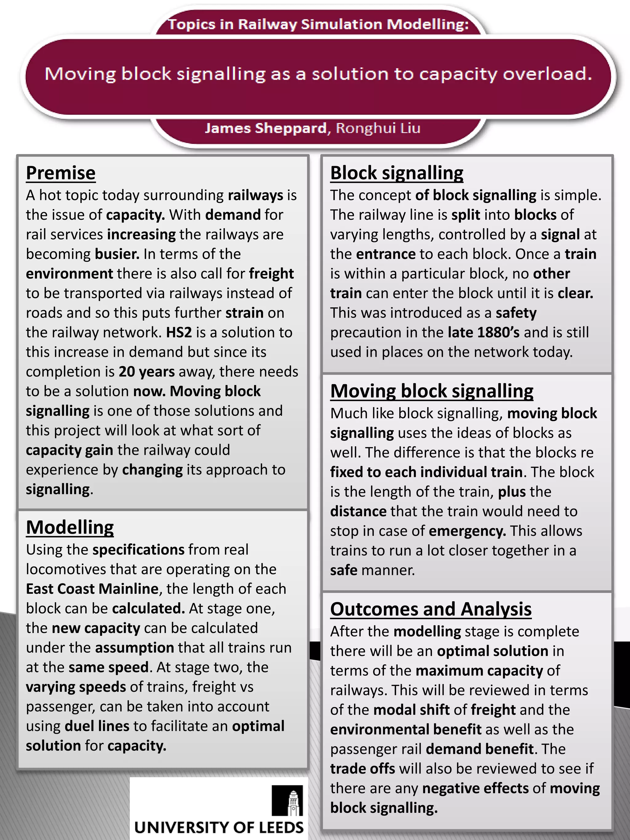 Noisy optimisation:
Stochastic optimisation of traffic signal networks using a trust region method
Jack Robinson, MSc (Eng) Transport Planning and Engineering candidate, Institute for Transport Studies, University of Leeds
For a network of traffic signals
with a given common cycle time,
which set of green times and
offsets minimises the total travel
time of vehicles through the
network?
Problem formulationI
• The problem is too difficult to
solve analytically for general
networks
• The objective function may
contain multiple local minima,
making hill-climbing methods
unreliable
• Stochastic effects from
simulation further distort the
objective function
Set parameters, and initial
timings and trust region
settings
Simulate network in
DRACULA for various
timings within the trust
region
Fit model function to
simulation results
Find solution to minimise
model function
Update trust region centre
and size
Output solution
Loopuntilsolutionconverges
• A framework for derivative-
free optimisation, useful for
complicated surfaces
• An easy-to-optimise model
function is fitted to the
objective function in a ‘trust
region’ around the current best
solution
• For this project, quadratic
model functions are used, and
the trust regions are ballsSchematic
contour plot of
trust region
model function
True function:
Model function:
Trust region:
Compare resilience and speed of
the algorithm under different
parameters, networks and
starting conditions
• The algorithm is being tested
for a simple two-node network
• Testing will continue on larger
networks, and the algorithm
will be refined
• Is the algorithm adversely
affected by the randomness of
simulation? Use of the simpler,
deterministic cell transmission
model could be compared
Photo by Edwin Mak
10 20 30 40 50 60
0
0.2
0.4
0.6
0.8
1
Total veh-hours in network
Empiricalcumulativeprobabilitydistribution
Empirical cumulative distribution plot of a test run of the
trust region algorithm on the two-node network
after 0 iterations
after 1 iteration
after 2 iterations
after 3 iterations
after 4 iterations
after 6 iterations
known solution
Issues2
Algorithm structure3
Trust region methods4
Analysis5
Progress and plans6
 