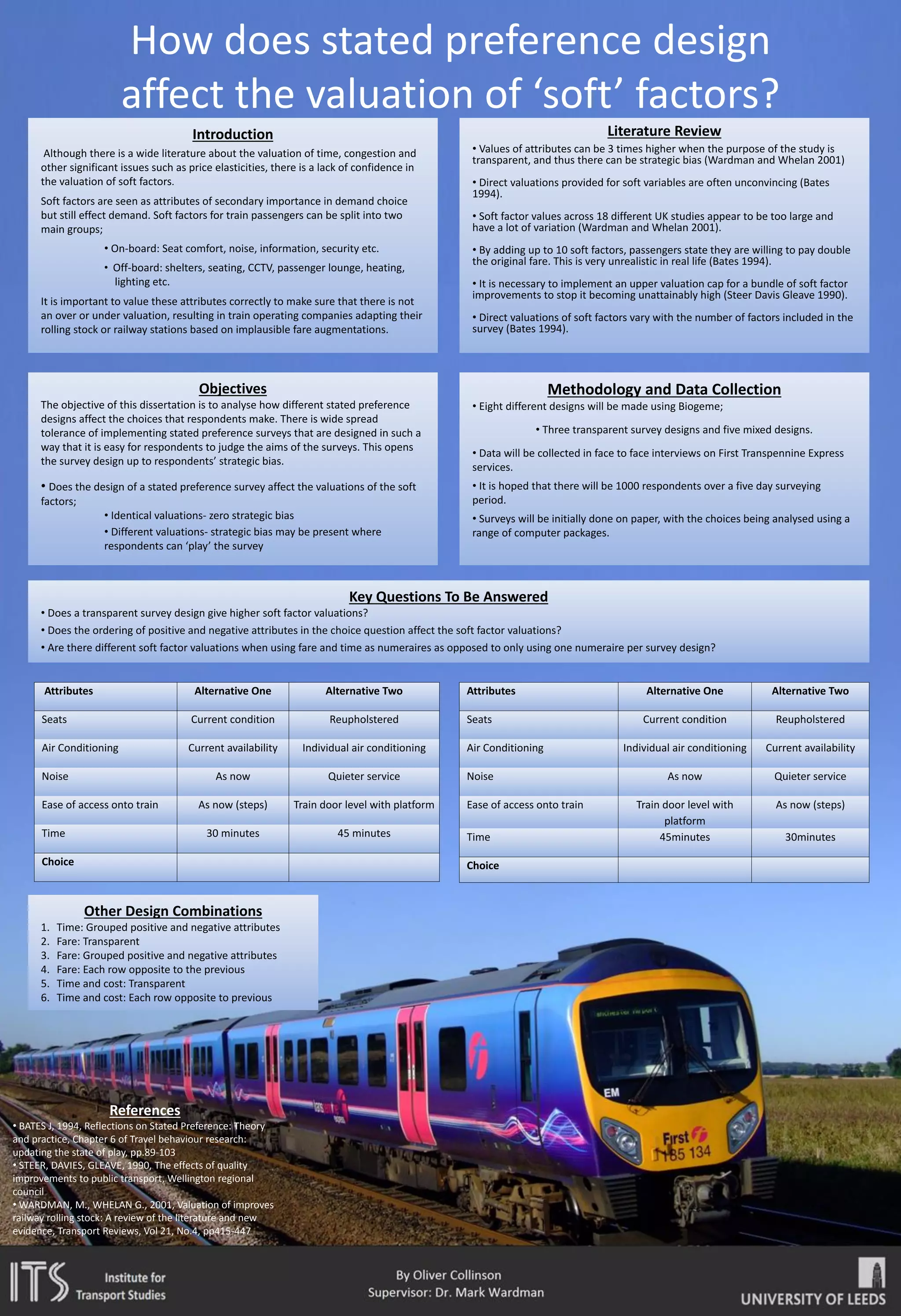 The Importance of Eco-Driving
In the last decades, engine technology and vehicle performance has improved, while most
drivers have not adapted their driving style.1 Eco-driving represents a driving culture which
suits modern engines and makes best use of advanced vehicle technologies, such as
maintaining a steady speed at low rpm, shifting gear early and rolling in neutral. The benefits
of adopting such behaviour include;
 Lower greenhouse gas emissions
It is widely accepted that greenhouse gas emissions contribute to climate change. Eco-driving
can be embraced as a simple and effective environmentally friendly initiative that can lower
vehicle emissions by 20g per kilometre.2
 Save cost on fuel
By adopting eco-driving practices, fuel efficiency can be improved by 15% or more lowering
the demand for fuel.3
Source (Fiat, 2010, p. 25)
Eco-driving: who does it and why ?
Identifying the motivational factors
References
1 Eco Drive (2014). What is eco-driving. [Online]. [Accessed 7th April 2014]. Available at: http://www.ecodrive.org/en/what_is_ecodriving-/
2 Fiat. (2010). Eco-driving Uncovered. [Online]. Accessed 7th April 2014]. Available at:
http://www.fiat.co.uk/uploadedFiles/Fiatcouk/Stand_Alone_Sites/EcoDrive2010/ECO-DRIVING_UNCOVERED_full_report_2010_UK.pdf
3 Baltutis, J. (2010). Benefits of Eco-Driving. [Online]. (Accessed 7th April 2014]. Available at:
http://www.unep.org/transport/PDFs/Ecodriving/Ecodriving_pwpt.pdf
4 Mensing, F et al. (2014). Eco-driving: An economic or ecologic driving style? Transportation Research Part C, 38, 110 – 121.
5 Powell, D. (2008). Extreme Driver – with a difference. New Scientist. 200, pp. 42 -43
6 DfT. (2011). Eco-driving: Factors that determine post test take up. [Online]. [Accessed 7th April 2014]. Available at:
https://www.gov.uk/government/uploads/system/uploads/attachment_data/file/142536/Eco_safe_driving.pdf
7 Delhomme, P et al. (2013). Self-reported frequency and perceived difficulty of adopting eco-friendly driving behaviour according to gender, age
and environmental concern. Transportation Research Part D, 20. pp. 55 – 58.
Savings per
car life cycle
Fuel
Consumption
CO 2
Emissions
Savings
Average
Driver
-6% -1,088kg £480
Top 10% -16% -2,895kg £1,260
Literature Review
 Motivational factors
- Economic 4
- Environmental concern 4
- Embracing the challenge 5
- Road safety 6
 Barriers to adoption
- Perceived difficulty 7
- Lack of awareness 6
- Technological innovation is more interesting 2
- Lack of tuition in driving schools 6
 Group most likely to eco-drive
- Middle aged females with a high environmental concern 7
 Group least likely to eco-drive
- Young males and females 7
Michael Wilson
Supervisor: Dr Daryl Hibberd
Institute for
Transport Studies
Methodology
Step 1 – Develop an online scenario based questionnaire divided into 4 sections
 Section 1 – Personal Characteristics:
Identify the key variables such as age, gender,
income and environmental concern.
 Section 2 – Strategic Decision Scenarios
Examine the motivation for the selection of vehicle type,
checking tyre pressure and fuel choice.
 Section 3 – Tactical Decision Scenarios
Examine the motivation for route choice
regarding congestion , road terrain and whether
individuals consider removing excess vehicle weight.
 Section 4 – Operational Decision Scenarios
Examine the motivation for driver speed, driving
style, air conditioning use and idling.
 Example Question
You are given the choice of two routes to the same
destination. Route 1 will take 1 hour and emit 5% more CO2.
Route 2 will take 10 minutes longer, emitting 5% less CO2.
Which do you choose?
Step 2 – Obtain 100+ respondents to achieve a representative sample of the
population. Respondents will be private vehicle users with a valid
driving license.
Step 3 – Analyse results by performing a regression analysis between variables in SPSS to
answer research questions.
Possible Further Research
 Examine how eco-driving campaigns can target driver groups through motivational
factors and removal of barriers
 Attempt to quantify the environmental impact if eco-driving was implemented as a soft
policy measurement
 Undertake a cost-benefit analysis to calculate the NPV to the driver of eco-driving
Aims and Objectives
The aim of this project is to explore the relationship between individual characteristics, eco-
driving behaviours and motivational factors. The following objectives have been set to
answer the overarching question of who eco-drives and why?
 Identify motivations behind eco-driving
 Identify which drivers are most likely to undertake eco-driving behaviour
 Identify whether individuals are conscious of eco-driving
 Identify the potential barriers to eco-driving
Hypotheses
The following hypotheses will be tested in order to provide a structure and focus to answer
the project objectives.
 The strongest motivation to eco-drive is fuel conservation
 Lower income groups are more likely to eco-drive because of economic influence
 Individuals who travel a greater distance are more likely to eco-drive because of the
experience they have gained
 The greatest barrier is awareness of eco-driving practices
 