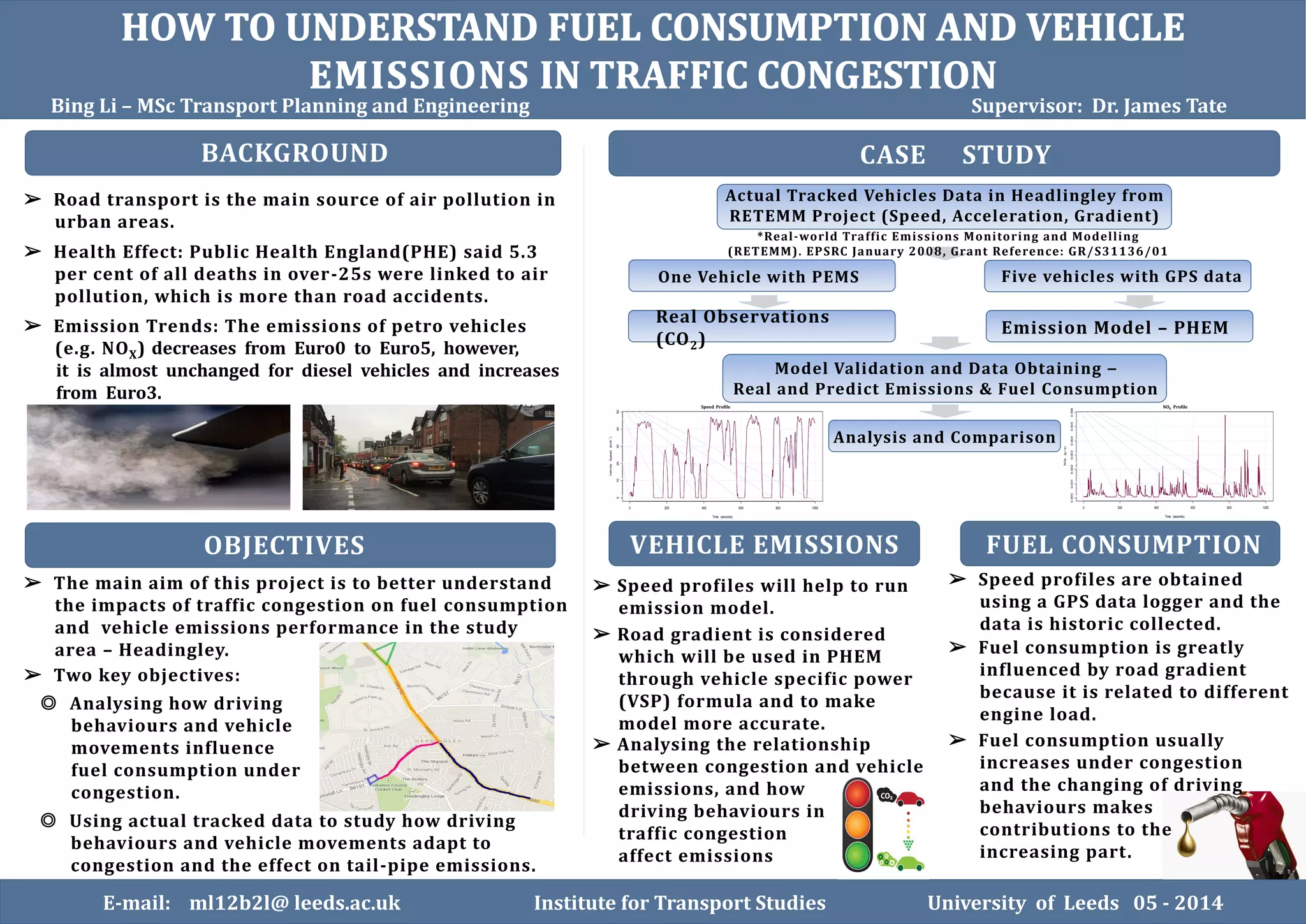 Monica Corso - ts10mec@leeds.ac.uk
MSc (Eng) Transport Planning and Engineering
Supervisor: Daniel Johnson May 2012
Bing Li – MSc Transport Planning and Engineering Supervisor: Dr. James Tate
E-mail: ml12b2l@ leeds.ac.uk Institute for Transport Studies University of Leeds 05 - 2014
BACKGROUND
OBJECTIVES
CASE STUDY
➢ The main aim of this project is to better understand
the impacts of traffic congestion on fuel consumption
and vehicle emissions performance in the study
area – Headingley.
➢ Two key objectives:
Actual Tracked Vehicles Data in Headlingley from
RETEMM Project (Speed, Acceleration, Gradient)
One Vehicle with PEMS
Model Validation and Data Obtaining –
Real and Predict Emissions & Fuel Consumption
VEHICLE EMISSIONS FUEL CONSUMPTION
➢ Road transport is the main source of air pollution in
urban areas.
➢ Speed profiles will help to run
emission model.
➢ Speed profiles are obtained
using a GPS data logger and the
data is historic collected.
➢ Road gradient is considered
which will be used in PHEM
through vehicle specific power
(VSP) formula and to make
model more accurate.
➢ Analysing the relationship
between congestion and vehicle
emissions, and how
driving behaviours in
traffic congestion
affect emissions
➢ Fuel consumption is greatly
influenced by road gradient
because it is related to different
engine load.
➢ Fuel consumption usually
increases under congestion
and the changing of driving
behaviours makes
contributions to the
increasing part.
◎ Using actual tracked data to study how driving
behaviours and vehicle movements adapt to
congestion and the effect on tail-pipe emissions.
◎ Analysing how driving
behaviours and vehicle
movements influence
fuel consumption under
congestion.
➢ Health Effect: Public Health England(PHE) said 5.3
per cent of all deaths in over-25s were linked to air
pollution, which is more than road accidents.
➢ Emission Trends: The emissions of petro vehicles
(e.g. NOX) decreases from Euro0 to Euro5, however,
it is almost unchanged for diesel vehicles and increases
from Euro3.
*Real-world Traffic Emissions Monitoring and Modelling
(RETEMM). EPSRC January 2008, Grant Reference: GR/S31136/01
Five vehicles with GPS data
Analysis and Comparison
Emission Model – PHEM
Real Observations
(CO2)
0 200 400 600 800 1000
0.0000.0010.0020.0030.0040.0050.006
Time (seconds)
NOx(g/s)
0 200 400 600 800 1000
01020304050
Time (seconds)
VehicleSpeed(kmh
1
)
Speed Profile NOX Profile
 