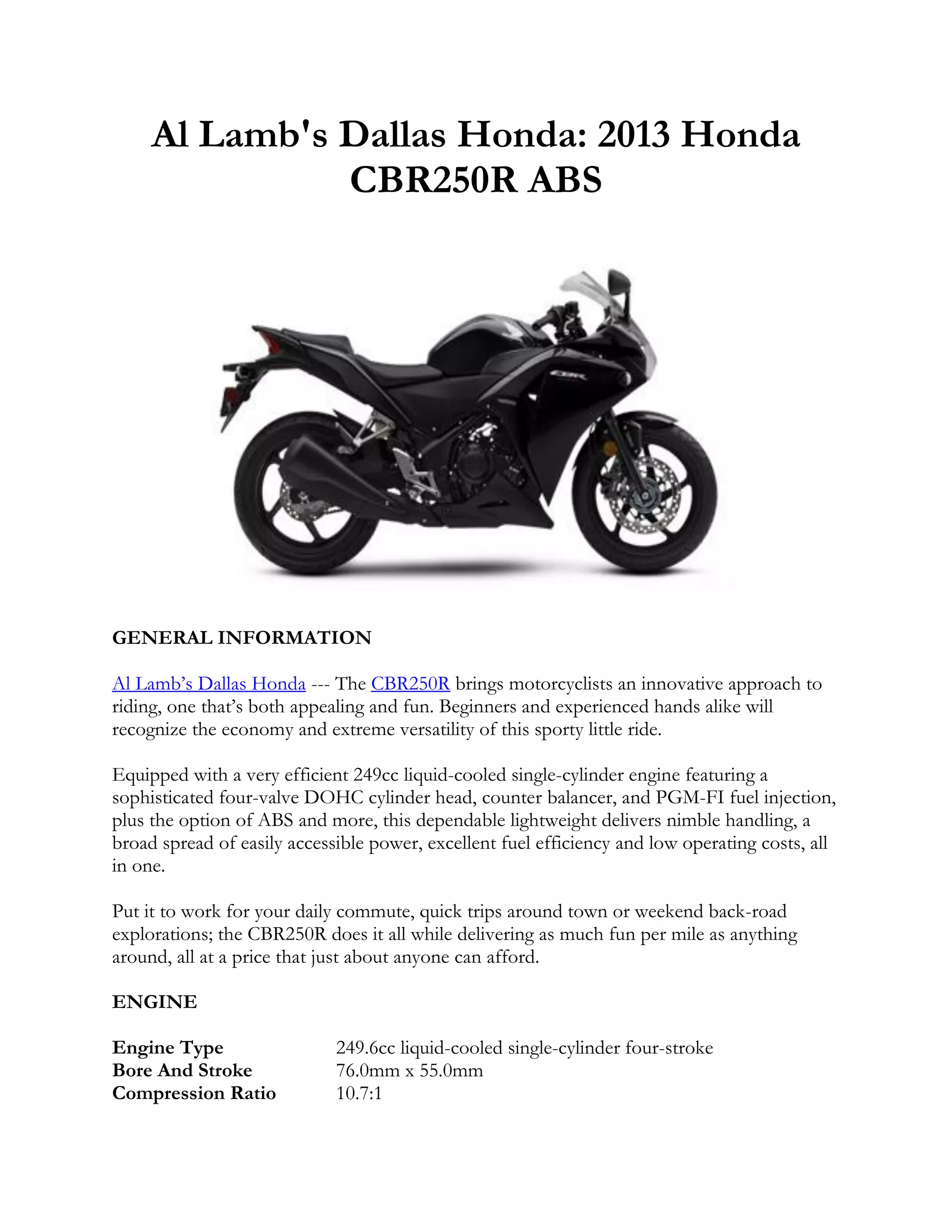 Al Lamb's Dallas Honda 2013 Honda CBR250R ABS PDF
