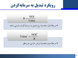 ‫ﮐﺮدن‬‫ﺳﺮﻣﺎﯾﻪ‬ ‫ﺑﻪ‬ ‫ﺗﺒﺪﯾﻞ‬ ‫روﯾﮑﺮد‬
•
‫اول‬ ‫ﻣﺮﺣﻠﮥ‬
:
‫ﻣﺸﺎﺑﻪ‬ ‫داراﯾﯽ‬ ‫ﮐﺮدن‬‫ﺳﺮﻣﺎﯾﻪ‬ ‫ﺑﻪ‬ ‫ﺗﺒﺪﯾﻞ‬ ‫ﻧﺮخ‬ ‫ﻣﺤﺎﺳﺒﮥ‬
•
‫دوم‬...