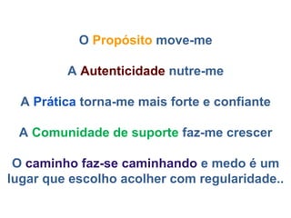 O Propósito move-me
A Autenticidade nutre-me
A Prática torna-me mais forte e confiante
A Comunidade de suporte faz-me crescer
O caminho faz-se caminhando e medo é um
lugar que escolho acolher com regularidade..
 