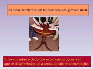 As mesas moviam-se em todos os sentidos, giravam no ar Giravam sobre o dedo dos experimentadores  sem que se descobrisse qual a causa de tais movimentações 