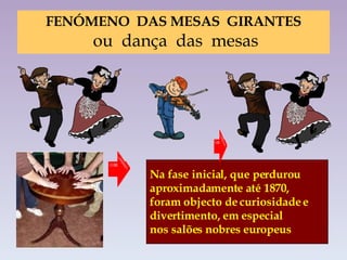 FENÓMENO  DAS MESAS  GIRANTES  ou  dança  das  mesas Na fase inicial, que perdurou  aproximadamente até 1870,  foram objecto de curiosidade e  divertimento, em especial  nos salões nobres europeus 