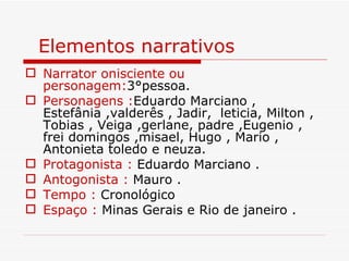 Elementos narrativos
 Narrator onisciente ou
  personagem:3°pessoa.
 Personagens :Eduardo Marciano ,
  Estefânia ,valderês , Jadir, leticia, Milton ,
  Tobias , Veiga ,gerlane, padre ,Eugenio ,
  frei domingos ,misael, Hugo , Mario ,
  Antonieta toledo e neuza.
 Protagonista : Eduardo Marciano .
 Antogonista : Mauro .
 Tempo : Cronológico
 Espaço : Minas Gerais e Rio de janeiro .
 