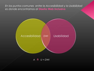 En los puntos comunes entre la Accesibilidad y la Usabilidad
es donde encontramos al Diseño Web Inclusivo
A U = DWI
U
DWI
 