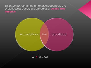 En los puntos comunes entre la Accesibilidad y la
Usabilidad es donde encontramos al Diseño Web
Inclusivo
A U = DWI
U
DWI
 