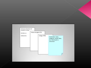 Sentencias dinámicas de
conexión a la base
de datos y a
validaciones.
Estilos de página CSS
Código HTML
Contenidos: texto,
imágenes, sonido video,
etc. Información a
comunicar
 