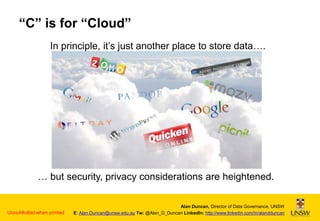 “C” is for “Cloud”
In principle, it’s just another place to store data….

… but security, privacy considerations are heightened.

14
Uncontrolled when printed

Alan Duncan, Director of Data Governance, UNSW
E: Alan.Duncan@unsw.edu.au Tw: @Alan_D_Duncan LinkedIn: http://www.linkedin.com/in/alandduncan

 