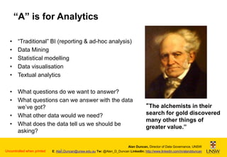 “A” is for Analytics
•
•
•
•
•

“Traditional” BI (reporting & ad-hoc analysis)
Data Mining
Statistical modelling
Data visualisation
Textual analytics

• What questions do we want to answer?
• What questions can we answer with the data
we’ve got?
• What other data would we need?
• What does the data tell us we should be
asking?

“The alchemists in their
search for gold discovered
many other things of
greater value.”

Alan Duncan, Director of Data Governance, UNSW

Uncontrolled when printed

8
E: Alan.Duncan@unsw.edu.au Tw: @Alan_D_Duncan LinkedIn: http://www.linkedin.com/in/alandduncan

 
