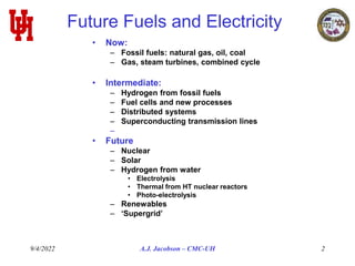9/4/2022 A.J. Jacobson – CMC-UH 2
Future Fuels and Electricity
• Now:
– Fossil fuels: natural gas, oil, coal
– Gas, steam turbines, combined cycle
• Intermediate:
– Hydrogen from fossil fuels
– Fuel cells and new processes
– Distributed systems
– Superconducting transmission lines
–
• Future
– Nuclear
– Solar
– Hydrogen from water
• Electrolysis
• Thermal from HT nuclear reactors
• Photo-electrolysis
– Renewables
– ‘Supergrid’
 