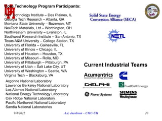 9/4/2022 A.J. Jacobson – CMC-UH 20
Core Technology Program Participants:
Gas Technology Institute – Des Plaines, IL
Georgia Tech Research – Atlanta, GA
Montana State University – Bozeman, MT
NexTech Materials, Ltd – Worthington, OH
Northwestern University – Evanston, IL
Southwest Research Institute – San Antonio, TX
Texas A&M University – College Station, TX
University of Florida – Gainesville, FL
University of Illinois – Chicago, IL
University of Houston – Houston, TX
University of Missouri – Rolla, MO
University of Pittsburgh – Pittsburgh, PA
University of Utah – Salt Lake City, UT
University of Washington – Seattle, WA
Virginia Tech – Blacksburg, VA
Argonne National Laboratory
Lawrence Berkeley National Laboratory
Los Alamos National Laboratory
National Energy Technology Laboratory
Oak Ridge National Laboratory
Pacific Northwest National Laboratory
Sandia National Laboratories
Current Industrial Teams
 