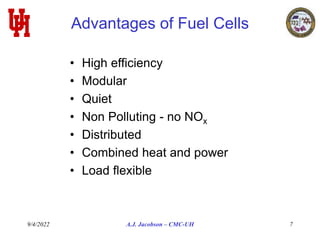 9/4/2022 A.J. Jacobson – CMC-UH 7
Advantages of Fuel Cells
• High efficiency
• Modular
• Quiet
• Non Polluting - no NOx
• Distributed
• Combined heat and power
• Load flexible
 