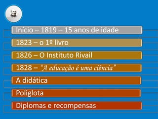 Início – 1819 – 15 anos de idade
1823 – o 1º livro
1826 – O Instituto Rivail
1828 – “A educação é uma ciência”
A didática
Poliglota
Diplomas e recompensas
 