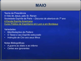 Teoria da Presciência
A Vida de Jesus, pelo Sr. Renan
Sociedade Espírita de Paris – Discurso de abertura do 7º ano
A Escola Espírita Americana
Curso Público de Espiritismo em Lyon e em Bordeaux
Variedades:
• Manifestações de Poitiers
• O Tasso e seu Espírito estouvado
• Instrução de Ciro aos seus filhos
Notas Bibliográficas:
• A guerra ao diabo e ao inferno
• Cartas aos ignorantes
 