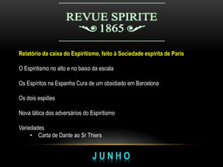 Relatório da caixa do Espiritismo, feito à Sociedade espírita de Paris
O Espiritismo no alto e no baixo da escala
Os Espíritos na Espanha Cura de um obsidiado em Barcelona
Os dois espiões
Nova tática dos adversários do Espiritismo
Variedades
• Carta de Dante ao Sr Thiers
 