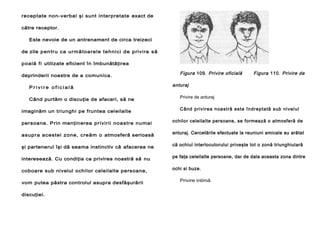 receptate non-verbal şi sunt interpretate exact de
către receptor.
Este nevoie de un antrenament de circa treizeci
de zile pen tr u ca ur mă toa re le t ehnic i de priv ire s ă
poală f i utilizate eficient în îmbunătăţirea
deprinderii noastre de a comunica.
Privire oficială
Când purtăm o discuţie de afaceri, să ne
imaginăm un triunghi pe fruntea celeilalte

Figura 109. Privire oficială

Figura 110. Privire de

anturaj
Privire de anturaj
Când privire a noa stră este înd rep ta tă sub ni vel ul

persoane. Prin menţinerea privirii noastre numai

ochilor celeilalte persoane, se formează o atmosferă de

asupra acestei zone, creăm o atmosferă serioasă

anturaj. Cercetările efectuate la reuniuni amicale au arătat

şi partenerul îşi dă seama instinctiv că afacerea ne

că ochiul interlocutorului priveşte tot o zonă triunghiulară

interesează. Cu condiţia ca privirea noastră să nu

pe faţa celeilalte persoane, dar de dala aceasta zona dintre

coboare sub nivelul ochilor celeilalte persoane,

ochi si buze.

vom putea păstra controlul asupra desfăşurării
discuţiei.

Privire intimă

 