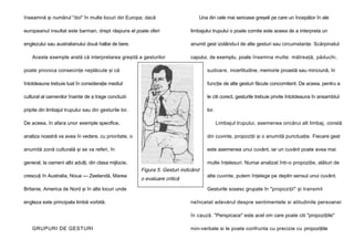 înseamnă şi numărul "doi" în multe locuri din Europa; dacă

Una din cele mai serioase greşeli pe care un începător în ale

europeanul insultat este barman, drept răspuns el poate oferi

limbajului trupului o poate comite este aceea de a interpreta un

englezului sau australianului două halbe de bere.

anumit gest izolându-l de alte gesturi sau circumstanţe. Scărpinatul

Aceste exemple arată că interpretarea greşită a gesturilor

capului, de exemplu, poale însemna multe: mătreaţă, păduchi,

poate provoca consecinţe neplăcute şi că

sudoare, incertitudine, memorie proastă sau minciună, în

întotdeauna trebuie luat în consideraţie mediul

funcţie de alte gesturi făcute concomitent. De aceea, pentru a

cultural al oamenilor înainte de a trage concluzii

le citi corect, gesturile trebuie privite întotdeauna în ansamblul

pripite din limbajul trupului sau din gesturile lor.

lor.

De aceea, în afara unor exemple specifice,

Limbajul trupului, asemenea oricărui alt limbaj, constă

analiza noastră va avea în vedere, cu prioritate, o

din cuvinte, propoziţii şi o anumită punctuaţie. Fiecare gest

anumită zonă culturală şi se va referi, în

este asemenea unui cuvânt, iar un cuvânt poate avea mai

general, la oameni albi adulţi, din clasa mijlocie,

multe înţelesuri. Numai analizat într-o propoziţie, alături de

crescuţi în Australia, Noua — Zeelandă, Marea
Britanie, America de Nord şi în alte locuri unde
engleza este principala limbă vorbită.

Figura 5. Gesturi indicând
o evaluare critică

alte cuvinte, putem înţelege pe deplin sensul unui cuvânt.
Gesturile sosesc grupate în "propoziţii" şi transmit

neîncetat adevărul despre sentimentele si atitudinile persoanei
în cauză. "Perspicace" este acel om care poate citi "propoziţiile"

GRUPURI DE GESTURI

non-verbale si le poate confrunta cu precizie cu propoziţiile

 