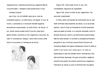respectivă are o atitudine pozitivă sau negativă faţă de
împrejurările dale — direcţia în care scoale fumul, în sus
Limbajul trupului
sau în jos. Un om hotărât, sigur pe el, care se
consideră superior, va sufla fumul, de regulă, în sus. Şi

Figura 125. Fumul este t r i m i s î n s u s : f i r e
încrezătoare, sigură pe ea, superioară
figura 1 2 6 . fumul e trimis în jos: negati vism, fire
ascunsă, suspicioasă
în filme, şeful unei bande de motociclişti sau al unei

invers, o persoană cu o structură mentală negativă,

mafii criminale este prezentat, de obicei, ca un tip brutal,

ascunsă sau su sp i c i o a să , va su f l a f u m u l , d e o b i ce i , în

agresiv, care în timp ce fumează îşi înclină ostentativ

j o s. D a c ă cineva scoate fumul în jos din colţul gurii,

capul pe spate şi trimite, cu o precizie calculată, fumul în

gestul indică o a t i t u d i n e ş i m a i n e g a t i vă şi a s c u n s ă . N u

direcţia tavanului, pentru a-şi demonstra superioritatea

l u ă m î n considerare, desigur, cazul când cineva suflă

faţă de restul bandei, în contrast cu această portretizare,

fumul în sus pentru a-i menaja pe cei din jur.

g a n g s te ru l sa u c ri mi n a l u l p e rso n i f i c a t fr e c ve n t d e
Humphrey Bogart line ţigara întotdeauna invers în mână ş i
suflă în jos fumul prin colţul gurii, în timp ce
elaborează un plan de evadare dintr-o temniţă sau vreo
altă activitate dubioasă. Se pare că există o legătură
directă intre gradul de simţire pozitivă sau negativă a
individului şi viteza cu care el elimină fumul de ţigară.

 