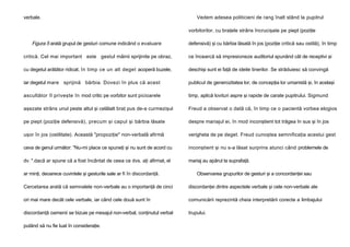 verbale.

Vedem adesea politicieni de rang înalt stând la pupitrul
vorbitorilor, cu braţele strâns încrucişate pe piept (poziţie

Figura 5 arată grupul de gesturi comune indicând o evaluare

defensivă) şi cu bărbia lăsată în jos (poziţie critică sau ostilă), în timp

critică. Cel mai important este gestul mâinii sprijinite pe obraz,

ce încearcă să impresioneze auditoriul spunând cât de receptivi şi

cu degetul arătător ridicat, în timp ce un alt deget acoperă buzele,

deschişi sunt ei faţă de ideile tinerilor. Se străduiesc să convingă

iar degetul mare sprijină bărbia. Dovezi în plus că acest

publicul de generozitatea lor, de concepţia lor umanistă şi, în acelaşi

ascultător îl priveşte în mod critic pe vorbitor sunt picioarele

timp, aplică lovituri aspre şi rapide de carate pupitrului. Sigmund

aşezate strâns unul peste altul şi celălalt braţ pus de-a curmezişul

Freud a observat o dată că, în timp ce o pacientă vorbea elogios

pe piept (poziţie defensivă), precum şi capul şi bărbia lăsate

despre mariajul ei, în mod inconştient tot trăgea în sus şi în jos

uşor în jos (ostilitate). Această "propoziţie" non-verbală afirmă

verigheta de pe deget. Freud cunoştea semnificaţia acestui gest

ceva de genul următor: "Nu-mi place ce spuneţi şi nu sunt de acord cu

inconştient şi nu s-a lăsat surprins atunci când problemele de

dv. ".dacă ar spune că a fost încântat de ceea ce dvs. aţi afirmat, el

mariaj au apărut la suprafaţă.

ar minţi, deoarece cuvintele şi gesturile sale ar fi în discordanţă.

Observarea grupurilor de gesturi şi a concordanţei sau

Cercetarea arată că semnalele non-verbale au o importanţă de cinci

discordanţei dintre aspectele verbale şi cele non-verbale ale

ori mai mare decât cele verbale, iar când cele două sunt în

comunicării reprezintă cheia interpretării corecte a limbajului

discordanţă oamenii se bizuie pe mesajul non-verbal, conţinutul verbal

trupului.

putând să nu fie luat în consideraţie.

 