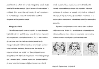 poate întâmpla să nu fie în stare să facă unele gesturi şi această situaţie

directă asupra numărului de gesturi sau de mişcări ale trupului

poate afecta utilizarea limbajului trupului. Aceste cazuri se referă la o

utilizate. Persoana aflată pe treapta cea mai de sus a ierarhiei

mică parte dintre oameni, dar este important de luat în considerare

sociale sau de conducere se bazează, în principal, pe vocabularul

ce anume efecte pot avea unele restricţii fizice sau diferite

său bogat, în timp ce una mai puţin educată sau necalificată se va

incapacităţi asupra mişcărilor noastre.

sprijini, pentru transmiterea intenţiilor sale, mai mult pe gesturi decât
pe cuvinte.

Rang şi autoritate

Majoritatea exemplelor din această carte se referă la albii din

Cercetările efectuate în domeniul lingvisticii au arătat că există o

clasa mijlocie, dar rămâne ca o regulă generală constatarea potrivit

legătură directă între gradul de statut social, de instruire şi prestigiu

căreia cu cât ajunge cineva mai sus pe scara social-economică, cu

ale unei persoane şi bogăţia vocabularului său. Cu alte cuvinte, cu

atât va utiliza mai puţine gesturi şi mişcări ale trupului.

cât mai sus se află o persoană pe scara vieţii sociale sau de
management, cu atât mai bine reuşeşte să comunice prin cuvinte şi
fraze. Cercetările referitoare la comunicările non-verbale au
evidenţiat existenţa unei corelaţii între disponibilitatea de vorbire
(bagajul de cuvinte deţinut) al unei persoane şi numărul de gesturi pe
care îl utilizează pentru a transmite mesajul său. Aceasta înseamnă
că rangul social, instruirea şi prestigiul unei persoane au influenţă

Figura 6. Copilul spune o minciună

 