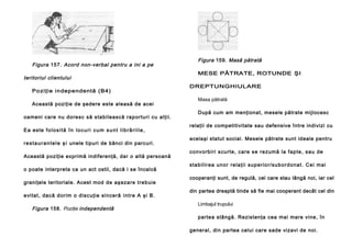 Figura 157. Acord non-verbal pentru a ini a pe
teritoriul clientului
Po ziţie in dependentă (B4)
Această poziţie de şedere este aleasă de acei
oameni ca re nu do re sc să stab ilea scă rap ortu ri cu alţii.
E a este f o l o s i t ă î n l o c u r i c u m s u n t l i b r ă r i i l e ,
r e s t a u r a n t e l e ş i unele tipuri de bănci din parcuri.
Această poziţie exprimă indiferenţă, dar o altă persoană
o poate interpreta ca un act ostil, dacă i se încalcă
graniţele teritoriale. Acest mod de aşeza re tre buie
e vitat, dacă dorim o di scuţie si nce ră i n tre A şi B.

Figura 158. Poziţie independentă

Figura 159. Masă pătrată
MESE PĂTRATE, ROTUNDE ŞI
DREPTUNGHIULARE
Masa pătrată
După cum am menţionat, mesele pătrate mijlocesc
relaţii de competitivitate sau defensive între indivizi cu
acelaşi statut social. Mesele pătrate sunt ideale pentru
convorbi ri scu rte, ca re se re zumă la fap te , sau de
sta b il i re a un o r re l a ţii su p e rio r/su b o rdo n a t. Ce i ma i
cooperanţi sunt, de regulă, cei care stau lângă noi, iar cel
din partea dreaptă tinde să fie mai cooperant decât cel din
Limbajul trupului
partea stângă. Rezistenţa cea mai mare vine, în
general, din partea celui care sade vizavi de noi.

 