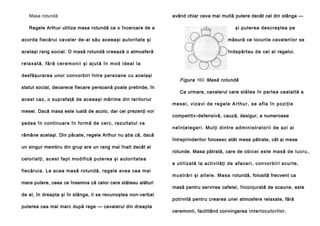 Masa rotundă
Regele Arthur utiliza masa rotundă ca o încercare de a

având chiar ceva mai multă putere decât cel din stânga —
şi puterea descreştea pe

acorda fiecărui cavaler de-al său aceeaşi autoritate şi

măsură ce locurile cavaleri lor se

acelaşi rang social. O masă rotundă creează o atmosferă

îndepărtau de cel al regelui.

relaxată, fără ceremonii şi ajută în mod ideal la
desfăşurarea unor convorbiri între persoane cu acelaşi
statut social, deoarece fiecare persoană poate pretinde, în
acest caz, o suprafaţă de aceeaşi mărime din teritoriul
mesei. Dacă masa este luată de acolo, dar cei prezenţi vor
şedea în con tin uare în fo rmă de cerc, rezultatul va
rămâne acelaşi. Din păcate, regele Arthur nu ştia că, dacă
un singur membru din grup are un rang mai înalt decât al
celorlal ţi , acest fap t modi fi că pu te rea şi au to ritatea
fiecăruia. La acea masă rotundă, regele avea cea mai
mare putere, ceea ce însemna că celor care stăteau alături
de el, în dreapta şi în stânga, li se recunoştea non-verbal
puterea cea mai marc după rege — cavalerul din dreapta

Figura 160. Masă rotundă
Ca urmare, cavalerul care stătea în partea cealaltă a
mesei, vizavi de regele Arthur, se afla în poziţie
competitiv-defensivă, cauză, desigur, a numeroase
n e î n ţ e l e g e r i . M u l ţ i d i n t r e a d m i n i s t r a t o r i i d e a zi a i
întreprinderilor folosesc atât mese pătrate, cât şi mese
rotunde. Masa pătrată, care de ob i cei este ma să de lu cru ,
e u ti li za tă la a cti vi tă ţi d e a fa ce r i , co n vo r b i r i sc u r te ,
m u s tr ă ri şi a l te l e . Ma s a rotundă, folosită frecvent ca
masă pentru servirea cafelei, înconjurată de scaune, este
potrivită pentru crearea unei atmosfere relaxate, fără
ceremonii, facilitând convingerea interl ocu to ril or.

 