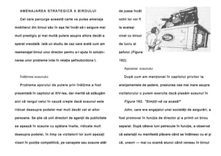 AMENAJAREA STRATEGICĂ A BIROULUI

de joase încât

Cel care parcurge această carte va putea amenaja

ochii lor vor fi

mobilierul din biroul său în aşa fel încât să-i asigure mai

la acelaşi

mult prestigiu şi mai multă putere asupra altora decât a

nivel cu biroul

sperat vreodată. Iată un studiu de caz care arată cum am

de lucru al

reamenajat biroul unui director pentru a-l ajuta în soluţio -

şefului (Figura

narea unor probleme ivite în relaţia şef/subordona t.

162).
Aşezarea scaunului

Înălţimea scaunului

După cum am menţionat în capitolul privitor la

P rob l e ma spo ru lu i d e p u te re p ri n în ă l ţi me a fo st

aranjamentele de şedere, presiunea cea mai mare asupra

prezentată în capitolul al XlV-lea, dar merită să adăugăm

vizitatorului o putem exercita dacă plasăm scaunul în

aici că rangul celui în cauză creşte dacă scaunul este

Figura 162 . "Simţiţi-vă ca acasă!"

ridicat deasupra podelei mai mult decât cel al altor

John, care era angajatul unei societăţi de asigurări, a

persoane. Se ştie că unii directori de agenţii de publicitate

fost promovai în funcţia de director şi a primit un birou

se aşează în scaune cu spătare înalte, ridicate mult

separat. După câteva luni petrecute în funcţie, a observat

deasupra podelei, în timp ce vizitatorii lor sunt aşezaţi

că salariaţii nu manifestă plăcere când se întâlnesc cu el şi

vizavi în poziţie competitivă, pe canapele sau scaune atât

că, uneori — mai cu scamă atunci când veneau în biroul

 