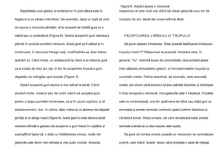 Rapiditatea unor gesturi şi evidenţa lor în ochii altora este în
legătură şi cu vârsta individului. De exemplu, dacă un copil de cinci

Figura 8. Adultul spune o minciună
înseamnă că este mult mai dificil să citeşti gesturile unui om de
cincizeci de ani, decât ale unuia mult mai tânăr.

ani spune o minciună părinţilor, el îşi acoperă de îndată gura cu o
mână sau cu amândouă (Figura 6). Gestul acoperirii gurii alertează

FALSIFICAREA LIMBAJULUI TRUPULUI

părinţii în privinţa comiterii minciunii. Acest gest va fi utilizat şi în

Se pune adesea întrebarea: "Este posibilă falsificarea limbajului

continuare, în decursul întregii vieţi, modificându-se doar viteza

trupului nostru?" Răspunsul la această întrebare este, în

aplicării lui. Când minte, un adolescent îşi ridică şi el mâna la gură

general, "nu", datorită lipsei de concordanţă, care probabil apare

ca şi copilul de cinci ani, dar, în loc de acoperirea bruscă a gurii,

între utilizarea principalelor gesturi, a microsemnalelor trupului şi

degetele vor mângâia uşor buzele (Figura 7).

cuvintele rostite. Palma deschisă, de exemplu, este asociată

Gestul acoperirii gurii devine şi mai rafinat la adulţi. Când

cinstei, dar atunci când escrocul îşi ţine palmele deschise şi zâmbeşte

adultul minte, creierul său dă ordin mâinii să acopere gura

în timp ce spune o minciună, microgesturile sale îl trădează. Pupilele

pentru a stopa cuvintele mincinoase, ca şi în cazul copilului şi al

sale se contractează, una din sprâncene se ridică sau colţul gurii se

adolescentului, dar, în ultima clipă, mâna sa va aluneca mai departe

smuceşte şi aceste semnale contrazic gestul palmei deschise şi

pe faţă şi va atinge nasul (Figura 8). Acest gest nu este altceva decât

zâmbetul sincer. Drept urmare, cel care receptează toate aceste

varianta rafinată a gestului de acoperire a gurii folosit în copilărie şi

semnale e tentat să nu dea crezare celor auzite.

exemplifică faptul că, o dată cu îmbătrânirea omului, multe din
gesturile sale devin mai rafinate şi mai puţin vizibile. Aceasta

Se pare că mintea umană posedă un mecanism de semnalizare
a erorii, care indică "avarie" atunci când primeşte o serie de mesaje

 