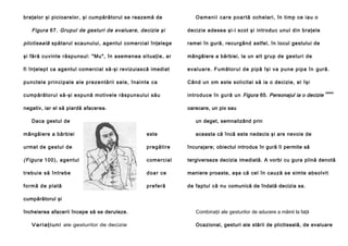 braţelor şi picioarelor, şi cumpărătorul se reazemă de

O a m e n i i c a r e p o a r t ă ochelari, în timp ce iau o

Figura 67. Grupul de gesturi de evaluare, decizie şi

decizie adesea şi-i scot şi introduc unul din braţele

plictiseală spătarul scaunului, agentul comercial înţelege

ramei în gură, recurgând astfel, în locul gestului de

şi fără cuvinte răspunsul: "Mu", în asemenea situaţie, ar

mângâiere a bărbiei, la un alt grup de gesturi de

fi înţelept ca agentul comercial să-şi revizuiască imediat

e val u a re . Fu mă to ru l d e pi p ă îşi va pu n e pi p a în gură.

p u n ctel e p ri n ci p al e a l e p re ze n tă rii sa l e , îna i n te ca

Când un om este solicitai să ia o decizie, el îşi

cumpărătorul să-şi expună motivele răspunsului său

in trodu ce în gu ră un Figura 65. Personajul ia o decizie

negativ, iar el să piardă afacerea.

oarecare, un pix sau

Daca gestul de

obiect

un deget, semnalizând prin

mângâiere a bărbiei

este

aceasta că încă este nedecis şi are nevoie de

urmat de ge stul de

p regă ti re

încurajare; obiectul introdus în gură îi permite să

(Figura 100 ), agen tul

come rci al

tergiverseze decizia imediată. A vorbi cu gura plină denotă

tre b u ie să în tre be

d o a r ce

maniere proaste, aşa că cel în cauză se simte absolvit

fo rmă d e p la tă

p re fe ră

de faptul că nu comunică de îndată decizia sa.

cumpărătorul şi
încheierea afacerii începe să se deruleze.
V a r iaţ i u n i ale gesturilor de decizie

Combinaţii ale gesturilor de aducere a mâinii la faţă
Ocazional, gesturi ale stării de plictiseală, de evaluare

 