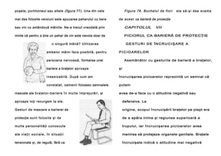 poşeta, portmoneul sau altele (figura 77). Una din cele
mai des folosite versiuni este apucarea paharului cu bere

Figura 78. Buchetul de flori

ele să-şi dea scama

d e a c e s t ca barieră de proiecţie

sau vin cu amândouă mâinile. Ne-a trecut vreodată prin

CAPITOLUL

minte că pentru a ţine un pahar de vin este nevoie doar de

PICIORUL CA BARIERĂ DE PROTECŢIE

o singură mână? Utilizarea
a mb e l o r m â i n i f a c e p o si b i l ă , p e n tr u

VII

GESTURI DE ÎNCRUCIŞARE A
PICIOARELOR

p e rs o a n a n e r vo a să , formarea unei

Asemănător cu gesturile de barieră a braţelor,

bariere a braţelor a p r o a p e

şi

i n s e s i z a b i l ă . D u p ă cum am

încrucişarea picioarelor reprezintă un semnal că

constatat, oamenii folosesc semnalele

putem

mascate ale b r a ţ e l o r - b a r i e r e î n m u l t e împ re j u ră ri , şi

avea de-a face cu o atitudine negativă sau

a p roa p e to ţi re curgem la ele .

defensiva. La

Gestu ri de mascare a barierei de

origine, scopul încrucişării braţelor pe piept era

protecţie s u n t f o l o s i t e ş i d e

de a apăra inima şi regiunea superioară a

multe personalităţi cunoscute

trupului, iar î n c ru c i şa re a p i c i o a re l o r avea

ale vi e ţi i so cia l e , în si tua ţi i

menirea să protejeze organele genitale. Braţele

tensionate şi, de regulă, fără ca

încrucişate indică o atitu dine mai negativă

 
