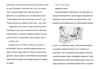 c o m e r c i a l ă , d i r e c t o r d e ba n că sa u pe n tru oa me ni c a r e

Figura 97. "Nu eşti mai

s e s i m t î n c r e z ă t o r i , d o m i n a n ţ i s a u , d i n t r - u n anume

deştept ca mine!"

motiv, superiori faţă de alţii. Dacă am putea citi

Acest gest poate fi contracarat în mai multe feluri, în

g â n d u r i l e u n u i a s e m e n e a o m , a m a f l a a s tf e l d e i d e i :

funcţie de împrejurările în care el apare. Dacă dorim să

"Toate răspunsurile le am în b u z u n a r u l c e l m i c " , s a u

d e sc o p e ri m ca u za a ti t u d i n i i d e su p e ri o ri t a t e a u n e i

"Poate vei avea şi tu cândva m i n t e a m e a " , s a u c h i a r

persoane, să ne aplecăm spre ea, având palmele întoarse

" S t ă p â n e s c t o t u l " . E st e u n g e s t u ti l i za t d e i n d i v i zi
"atotştiutori", dar care îi irită pe mulţi atunci când este
folosit faţă de ei. Avocaţii îl folosesc frecvent în loc de
c u vi n te , p e n t ru a d e m o n s tr a î n f a ţ a c o l e g i l o r câ t d e
Limbajul trupului
pricepuţi sunt ei. Poate fi utilizat şi ca semn al

în sus, cu următoarele cuvinte: "Văd că dumneavoastră

teritorialităţii, pentru a exprima pretenţia asupra unui

cunoaşteţi această problemă. Aţi fi amabil să o

spaţiu . Cel din Figura 96 şi-a format şi o bucl ă peste

comentaţi?". Apoi, rezemându-ne de spătarul scaunului,

genunchi, ceea ce arată nu numai faptul că se consideră

cu palmele lăsate vizibile, să aşteptăm răspunsul. O altă

superior faţă de celălalt, dar doreşte să intre şi în dispută

metodă este de a-l forţa să-şi schimbe poziţia, ceea ce va

cu acesta.

atrage după sine şi schimbarea atitudinii sale. La aceasta

 
