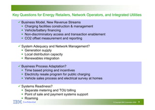 Big Green Innovations

Key Questions for Energy Retailers, Network Operators, and Integrated Utilities
    Business Model, New Revenue Streams
      Charging facilities construction & management
      Vehicle/battery financing
      Non-discriminatory access and transaction enablement
      CO2 offset measurement and reporting

    System Adequacy and Network Management?
      Generation supply
      Local distribution capacity
      Renewables integration

    Business Process Adaptation?
      Time based pricing and incentives
      Electricity resale program for public charging
      Vehicle sales process and electrical survey at homes

    Systems Readiness?
      Separate metering and TOU billing
      Point of sale and payment systems support
      Roaming
      Confidential Confidential
                 IBM                                          © Copyright IBM Corporation 2008   8
 