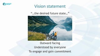 “…the desired future state…”
Vision statement
Outward facing
Understood by everyone
To engage and gain commitment
 